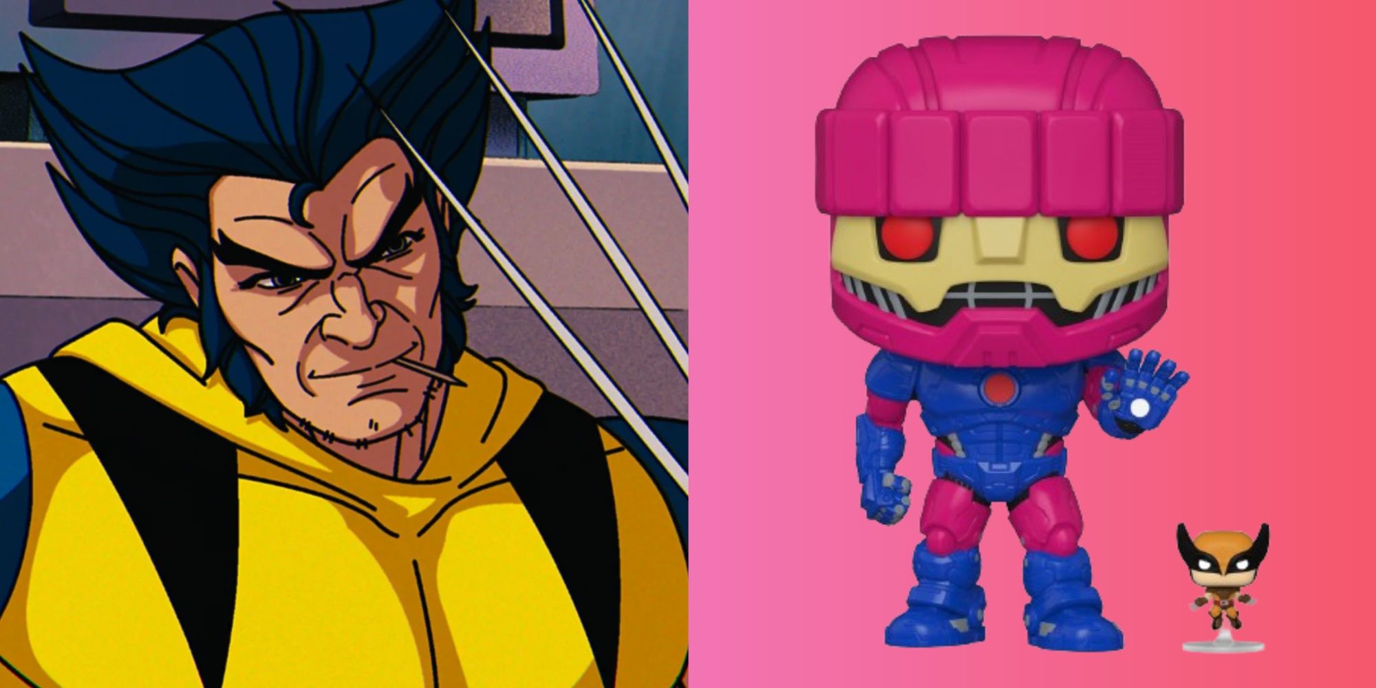 wolverine in x-men 97, and a jumbo sentinel funko pop with mini wolverine figure