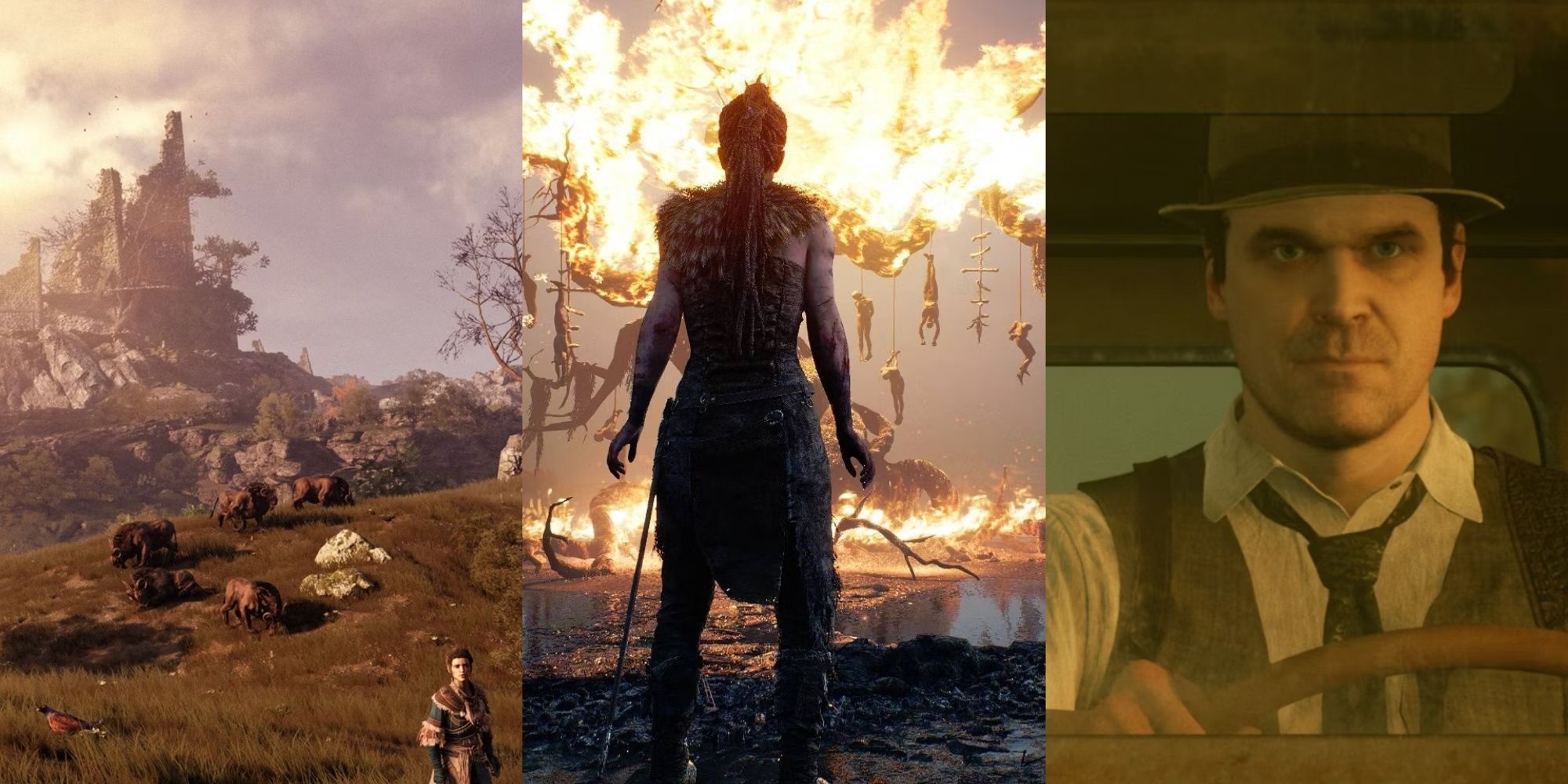 Three-image collage of the fantasy landscape in GreedFall, Hellblade: Senua's Sacrifice, and a close-up of David Harbour's Edward Carnbu driving in the opening of Alone in the Dark.