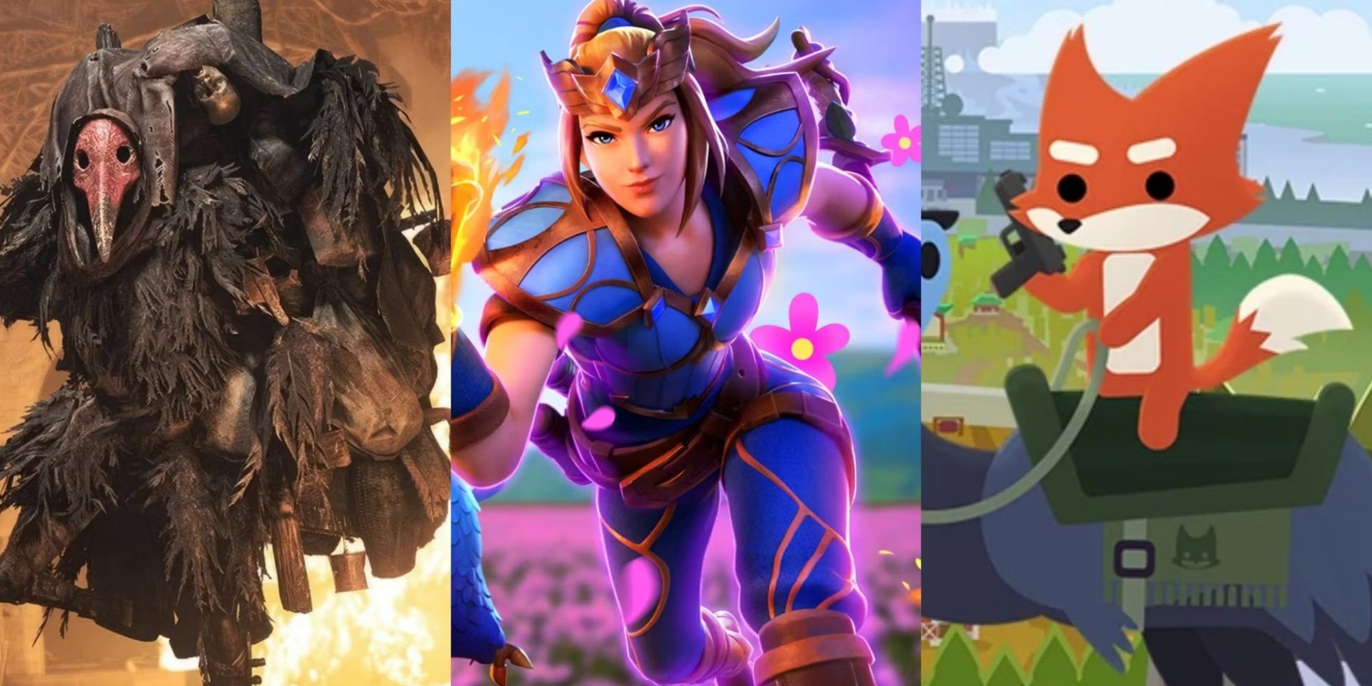 A collage showing three different games that are Battle Royales, with a Fortnite character at the center.