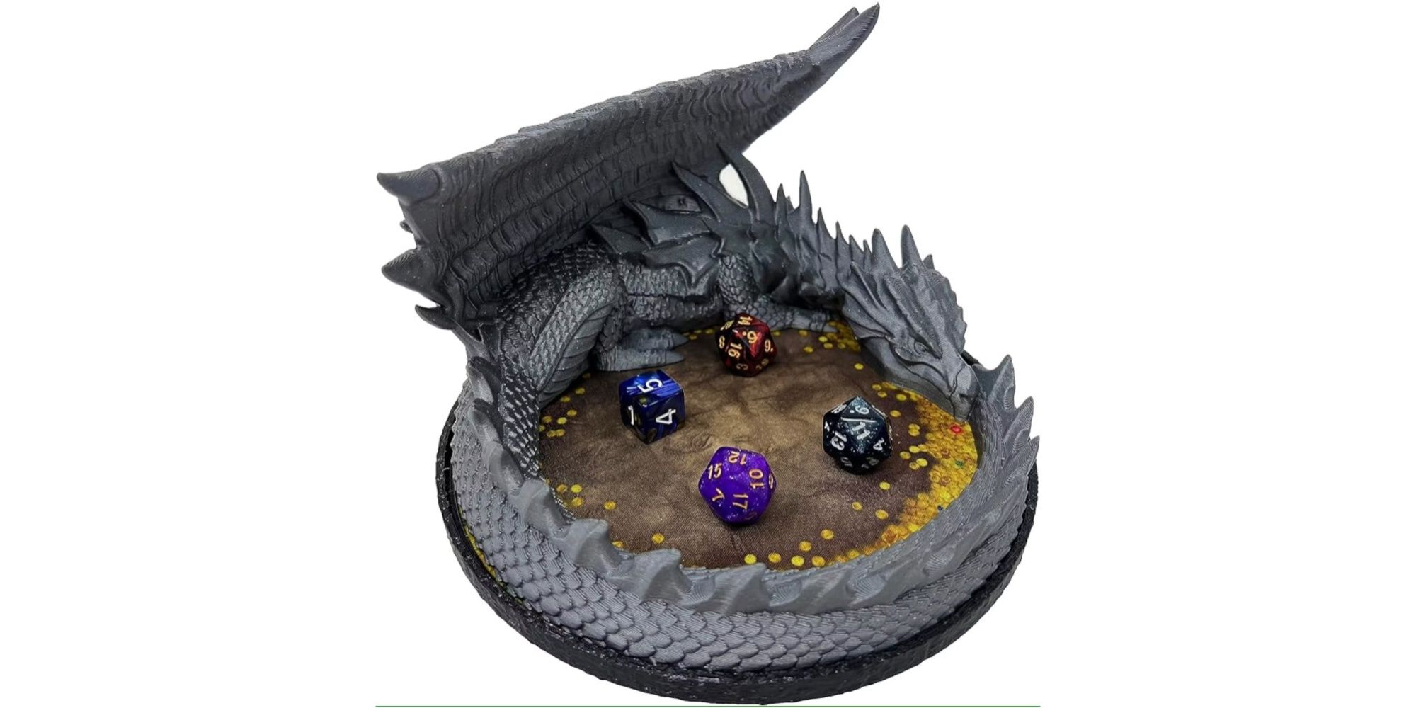 DND Dice tray in the shape of a dragon with dice being rolled inside