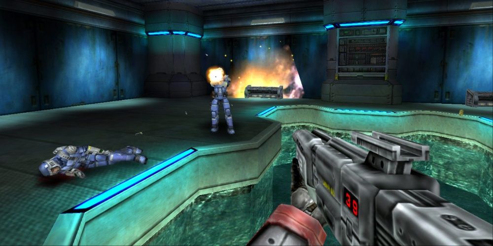 A blue space soldier shoots at a red space soldier's point of view