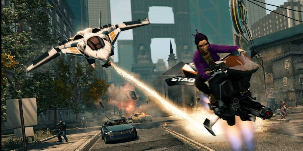 A purple clad woman rides a hover bike while being chased by a jet.