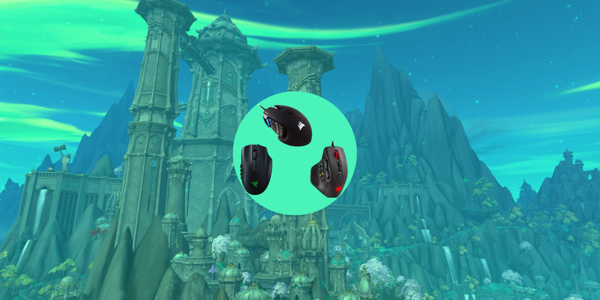 Three MMO mice in a green circle against Valdrakken as a backdrop.