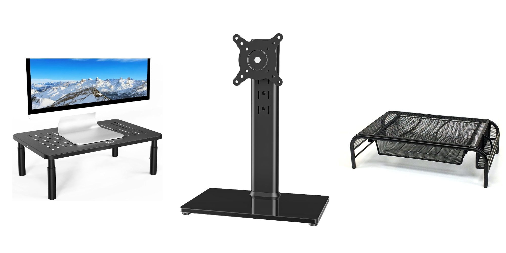 A trio of monitor stands, with two risers on the sides and a monitor arm in the center.