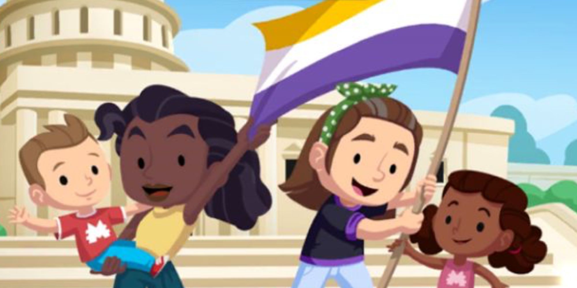 4 characters in monopoly go holding a flag