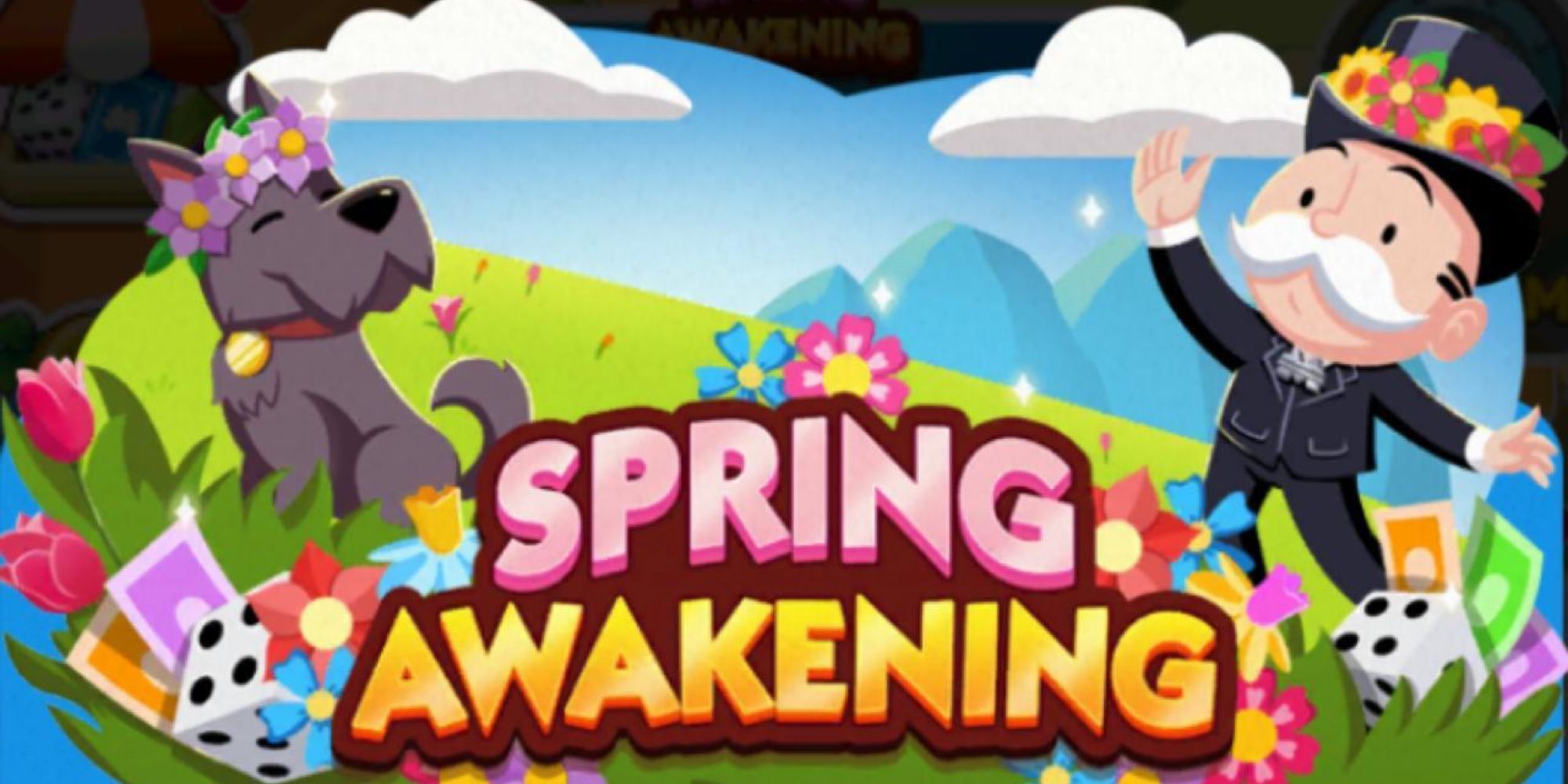 Mr. Monopoly and his dog in Spring Awakening event banner in Monopoly Go.