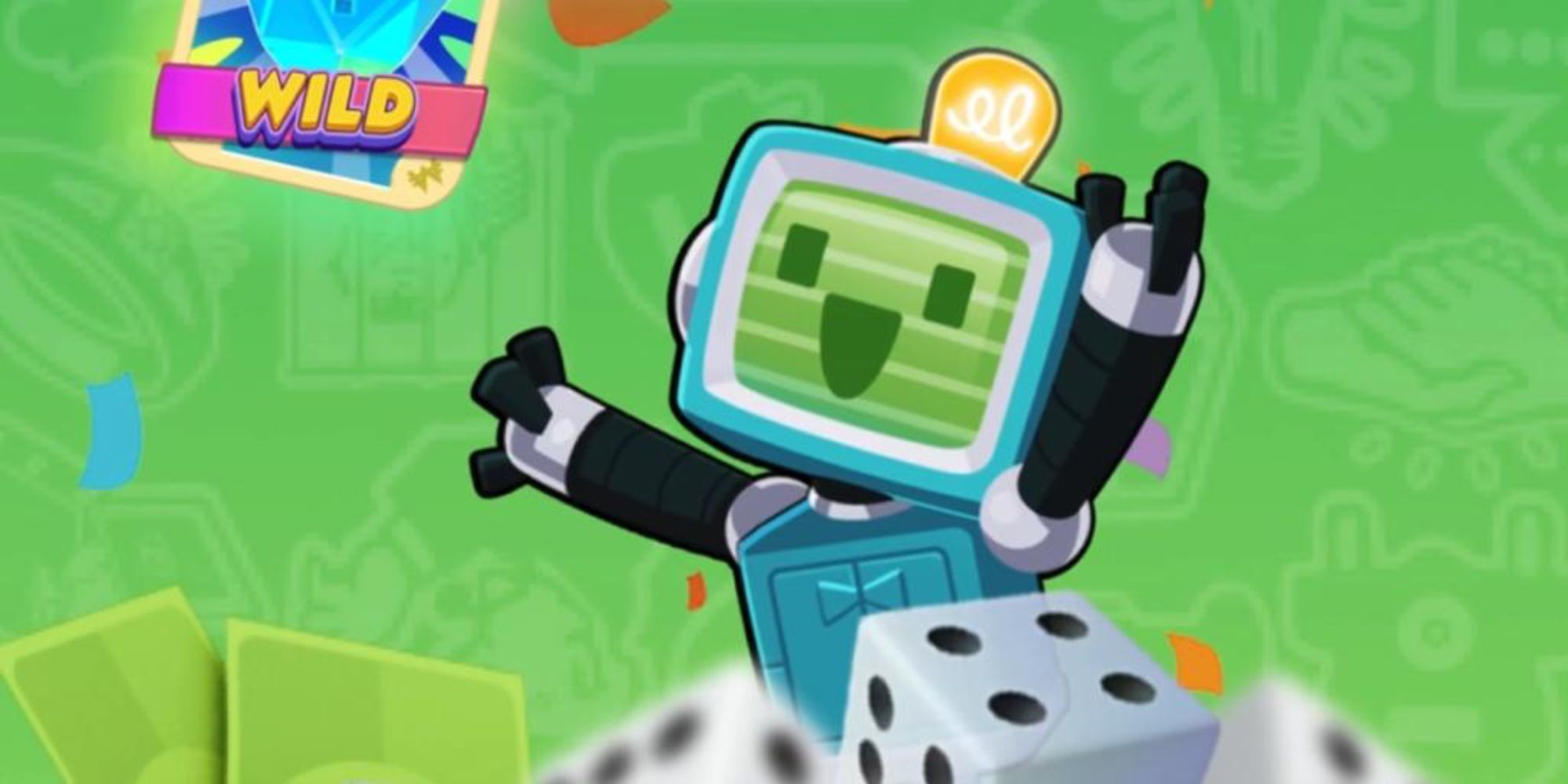 Peg-E robot sorrounded by dice rolls and a wild sticker in Monopoly Go.