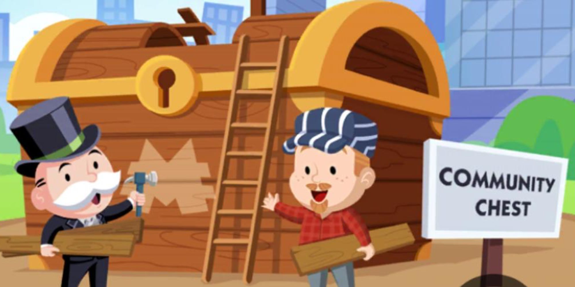 Mr. Monopoly holds a piece of wood in one hand and an axe in the other, chatting with a carpenter in Monopoly Go.