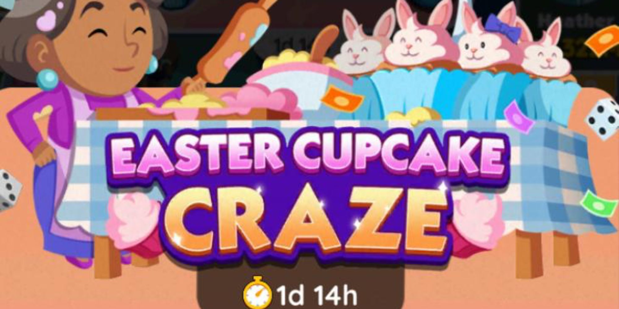 Ms. Monopoly featured in Easter Cupcake Craze event banner in Monopoly Go.