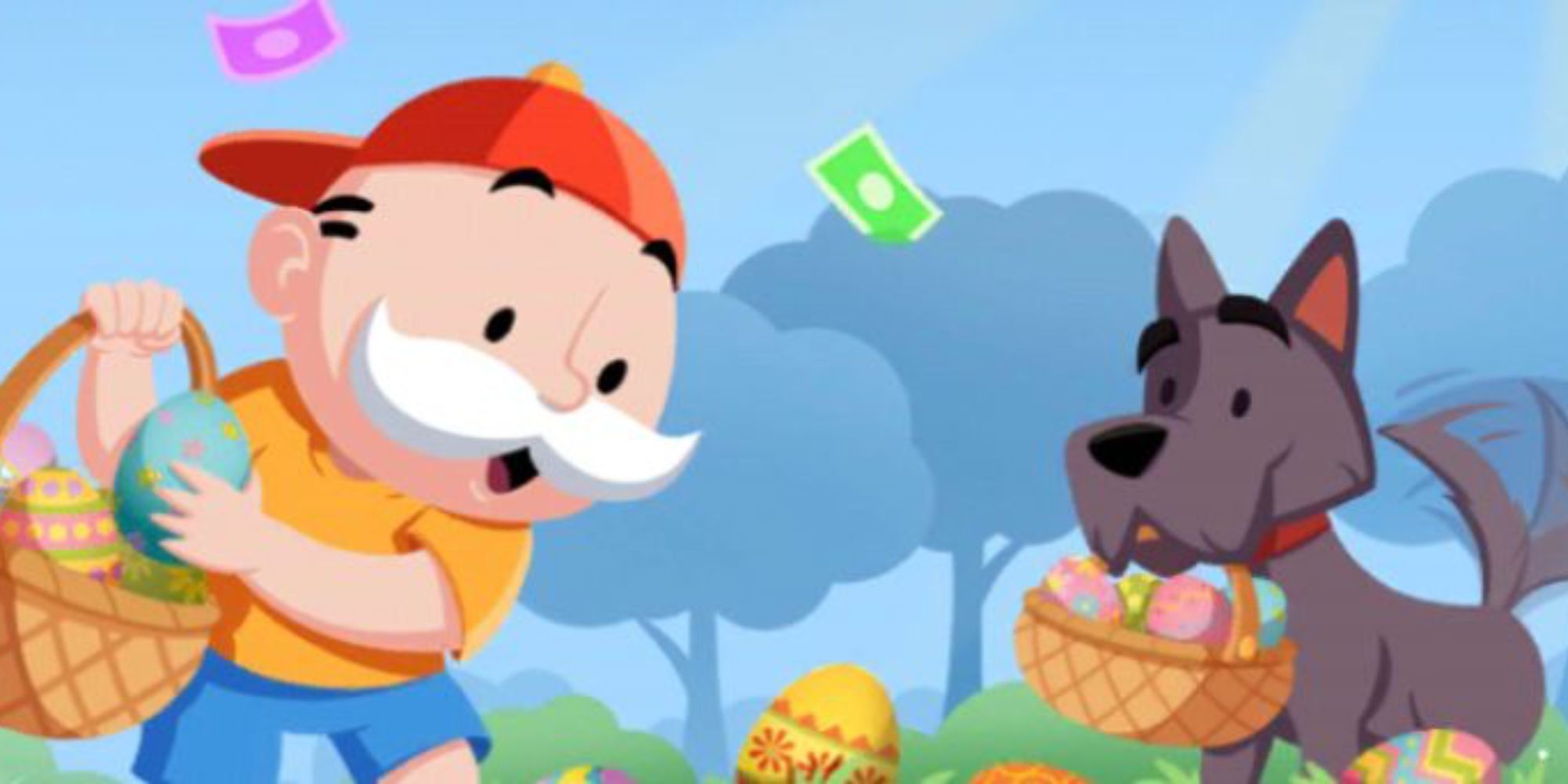 Mr. Monopoly putting eggs in his basket alongside his dog in Monopoly Go.