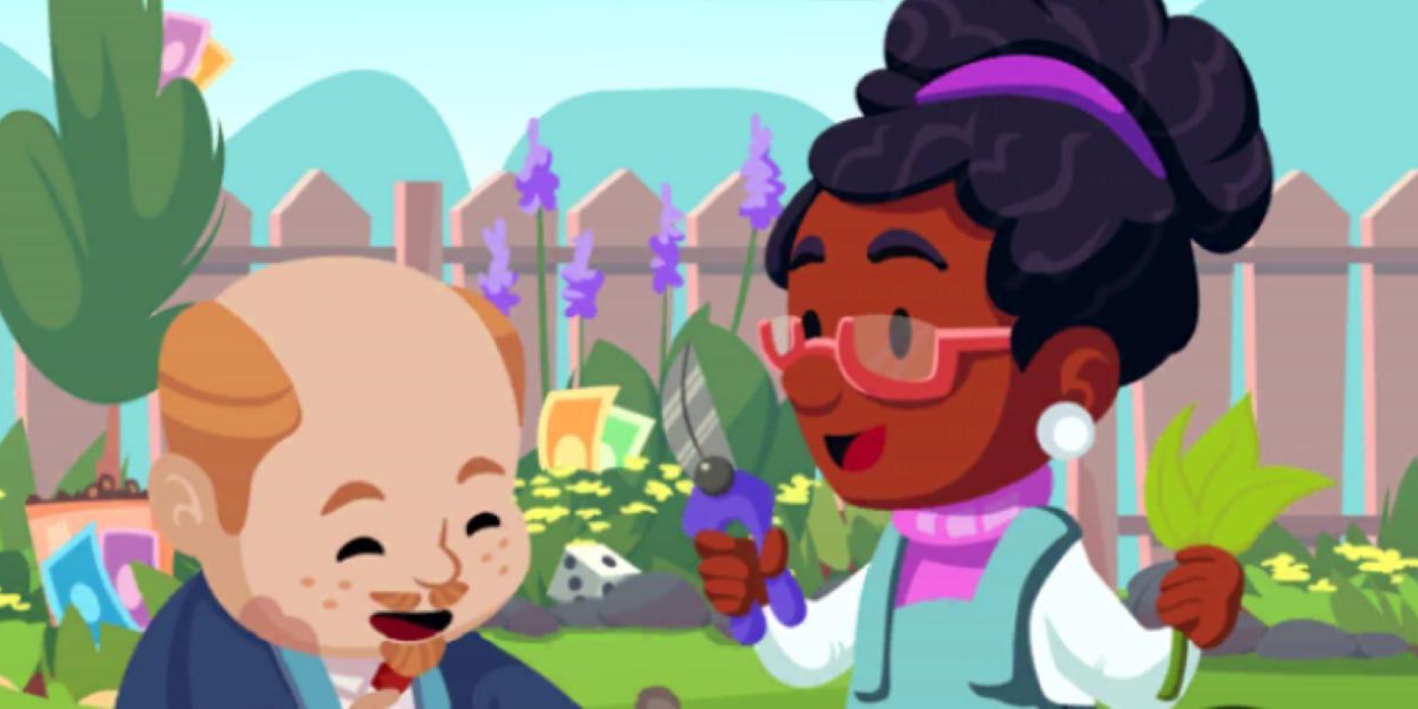 2 characters happily gardening in monopoly go.