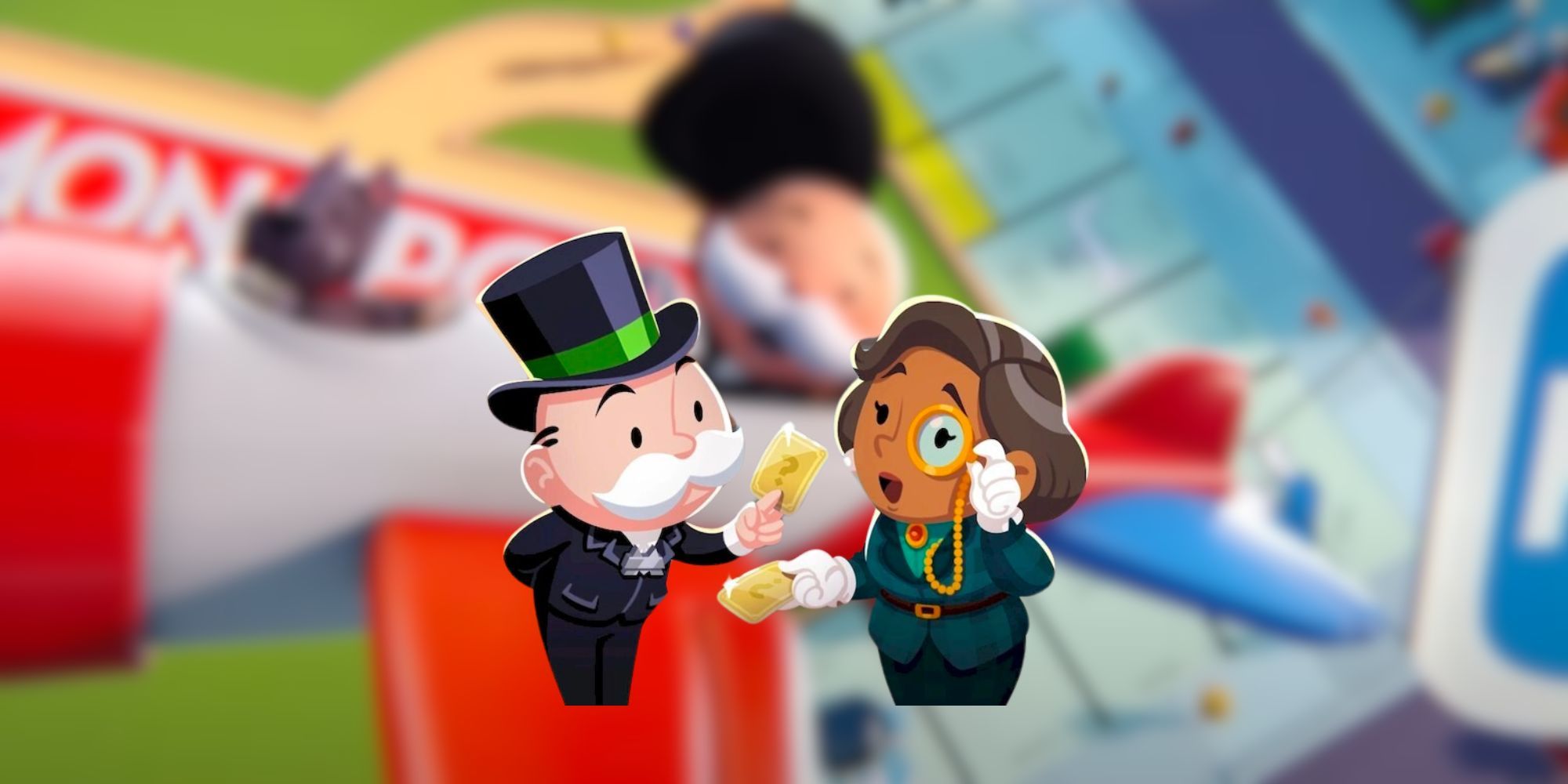 Mr. Monopoly displays a gold sticker to Ms. Monopoly, who examines it closely in Monopoly Go.