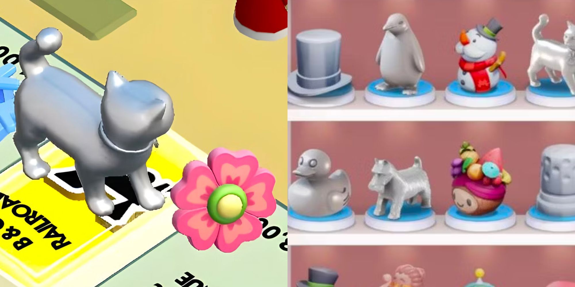 Dog token at the right, and a token library at the left picture in Monopoly Go.