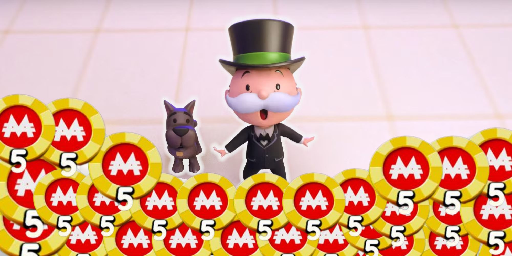 Monopoly Go, Mr. Monopoly and his dog surrounded by Peg-E tokens