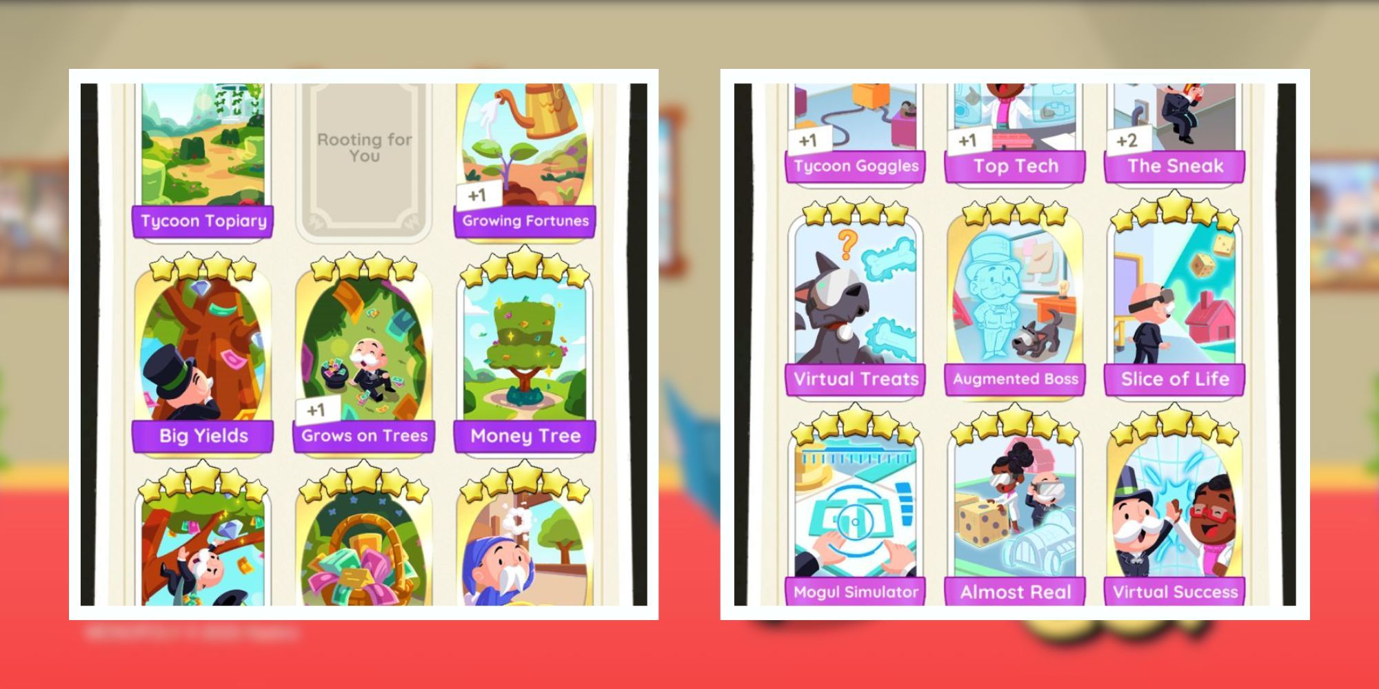Monopoly VR and Monopoly Tree Sticker sets from Monopoly Go.