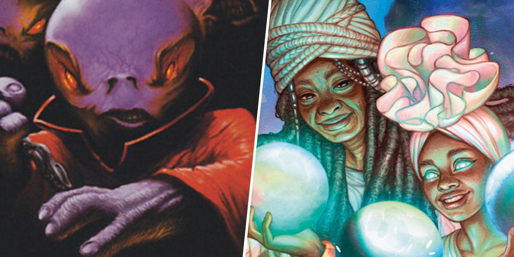 Left: Artwork for the MTG card Violent Outbust, showing an angry alien creature. Right: artwork for the MTG card Ponder, showing an older woman and a young girl, pondering magical orbs.