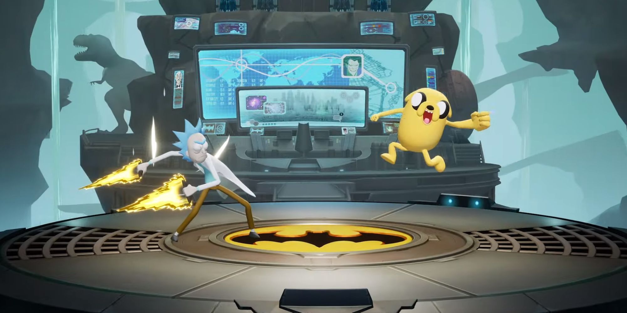 Rick from Rick & Morty fighting Jake from Adventure Time in MultiVersus