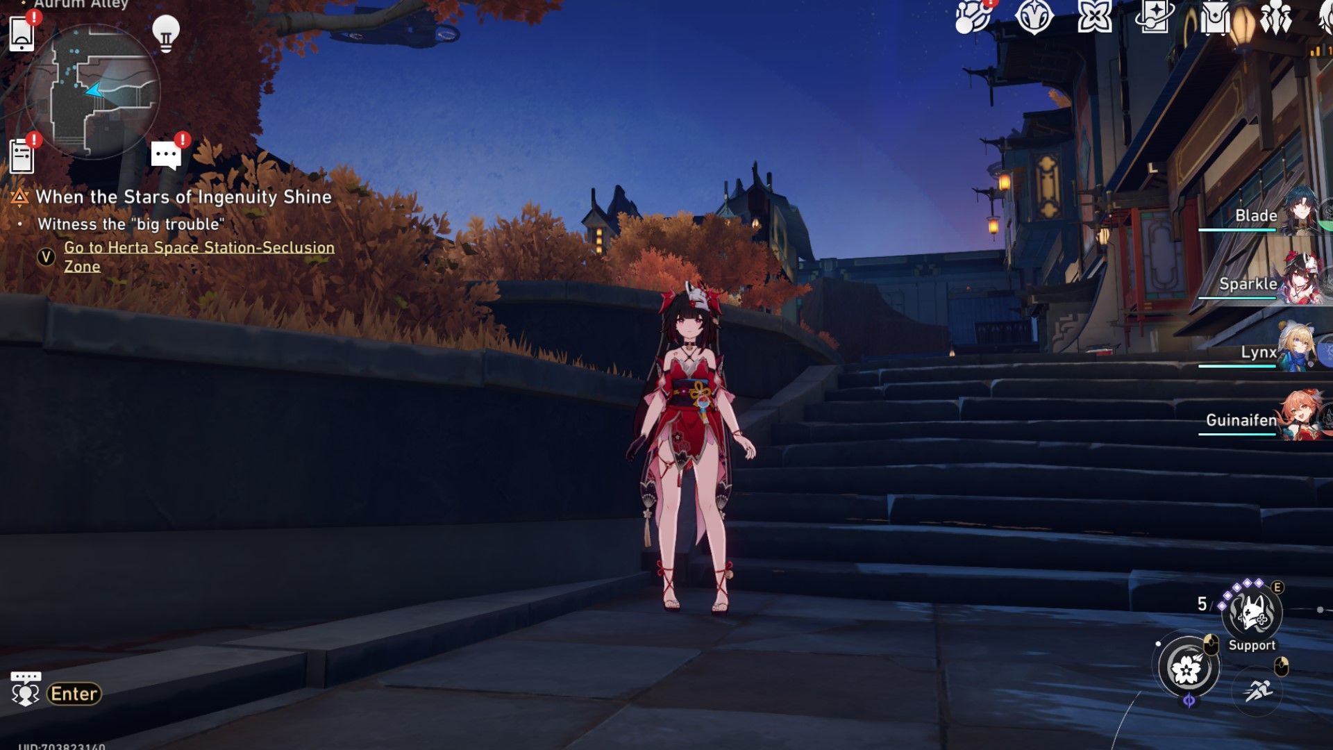 Sparkle stands near some plants in Honkai Star Rail.
