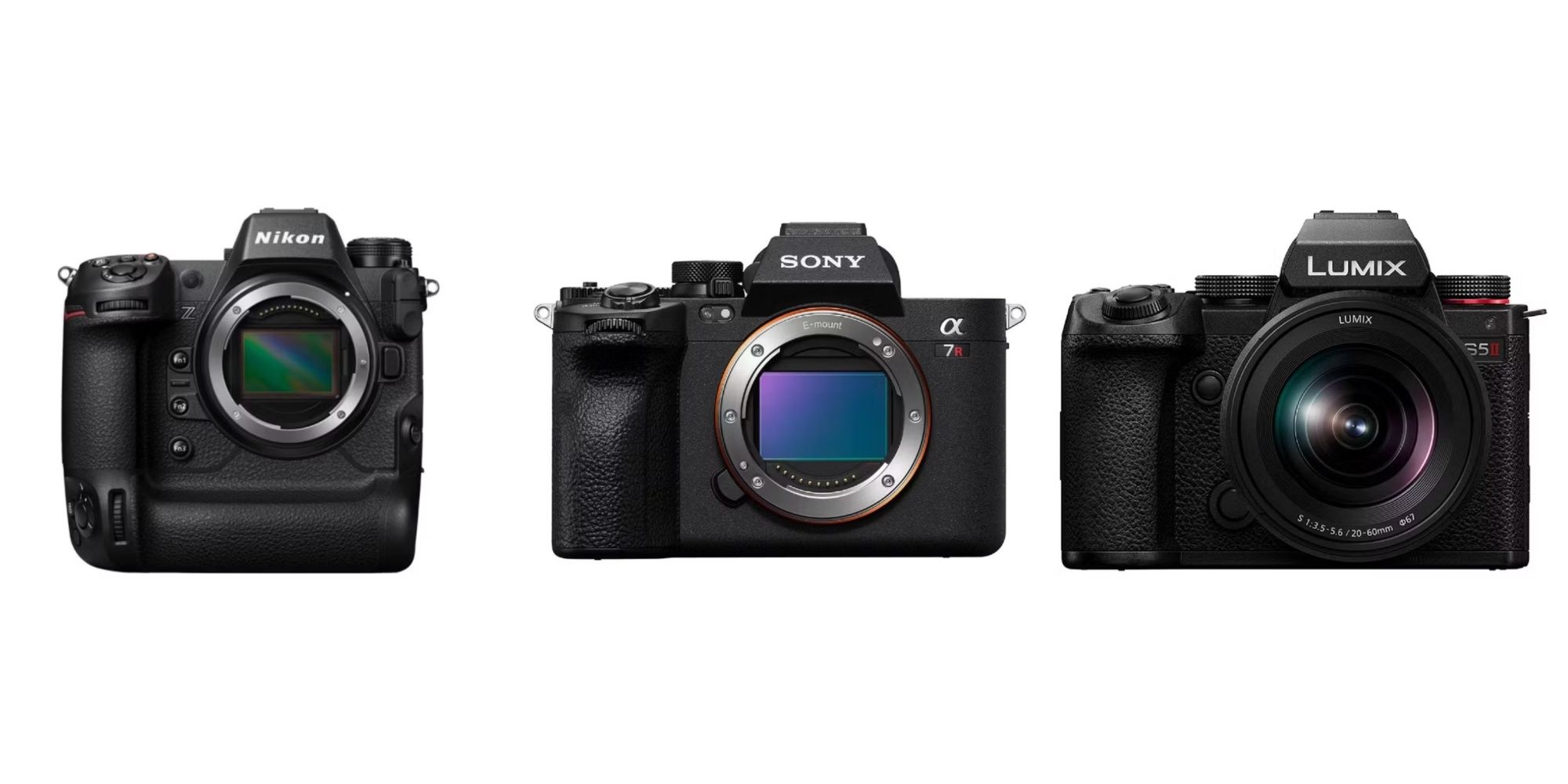Nikon, Sony, and Lumix cameras on a white background