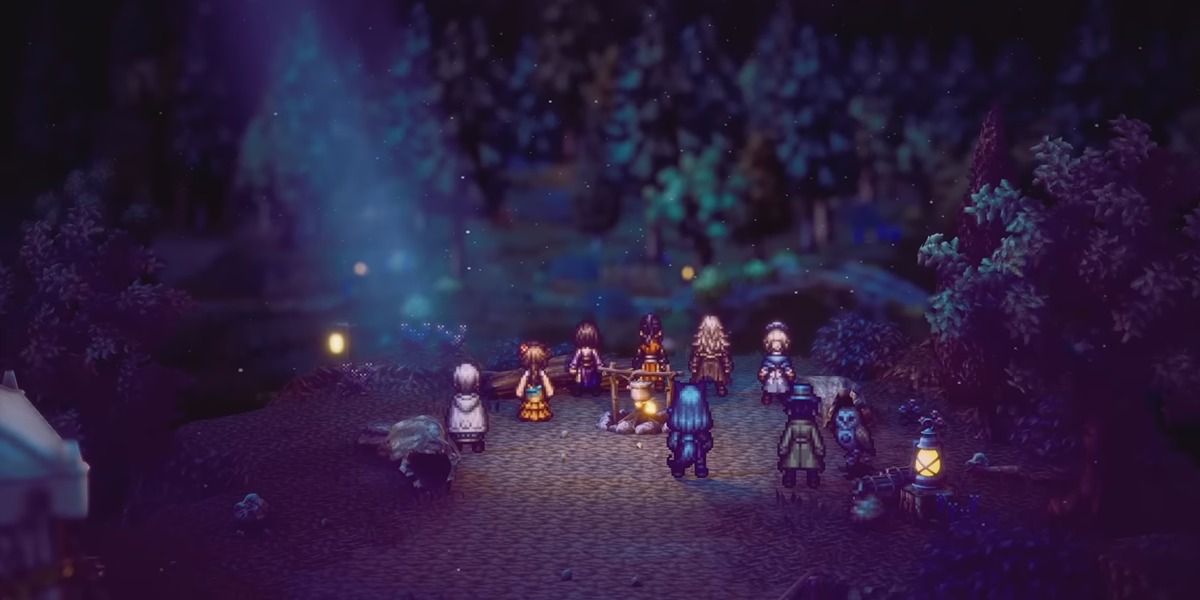 The adventurers resting under a beautiful night in Octopath Traveler 2