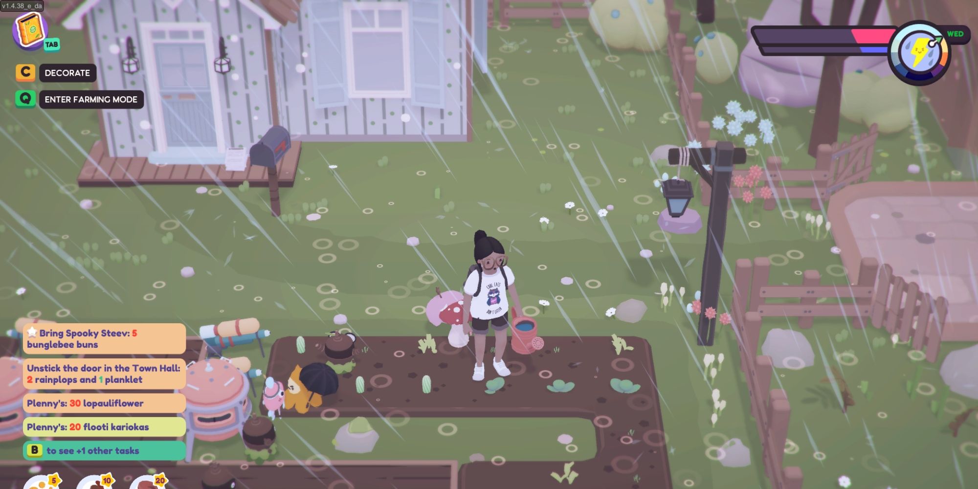 Ooblets player on farm with ooblets during rain with low energy
