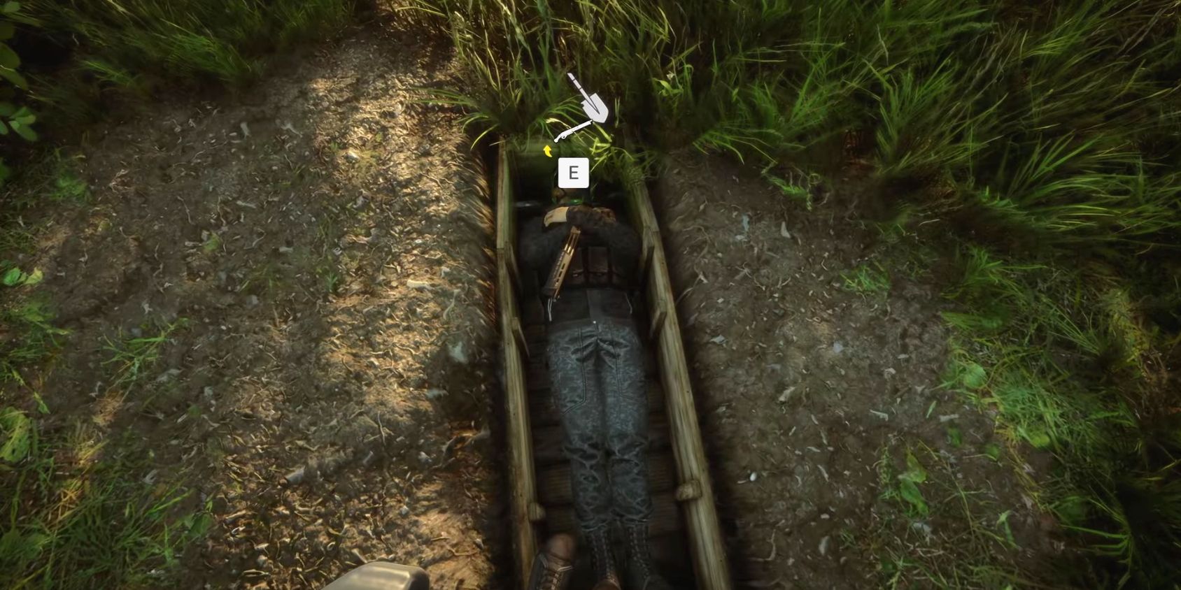 Open grave with shotgun inside from Sons of the Forest