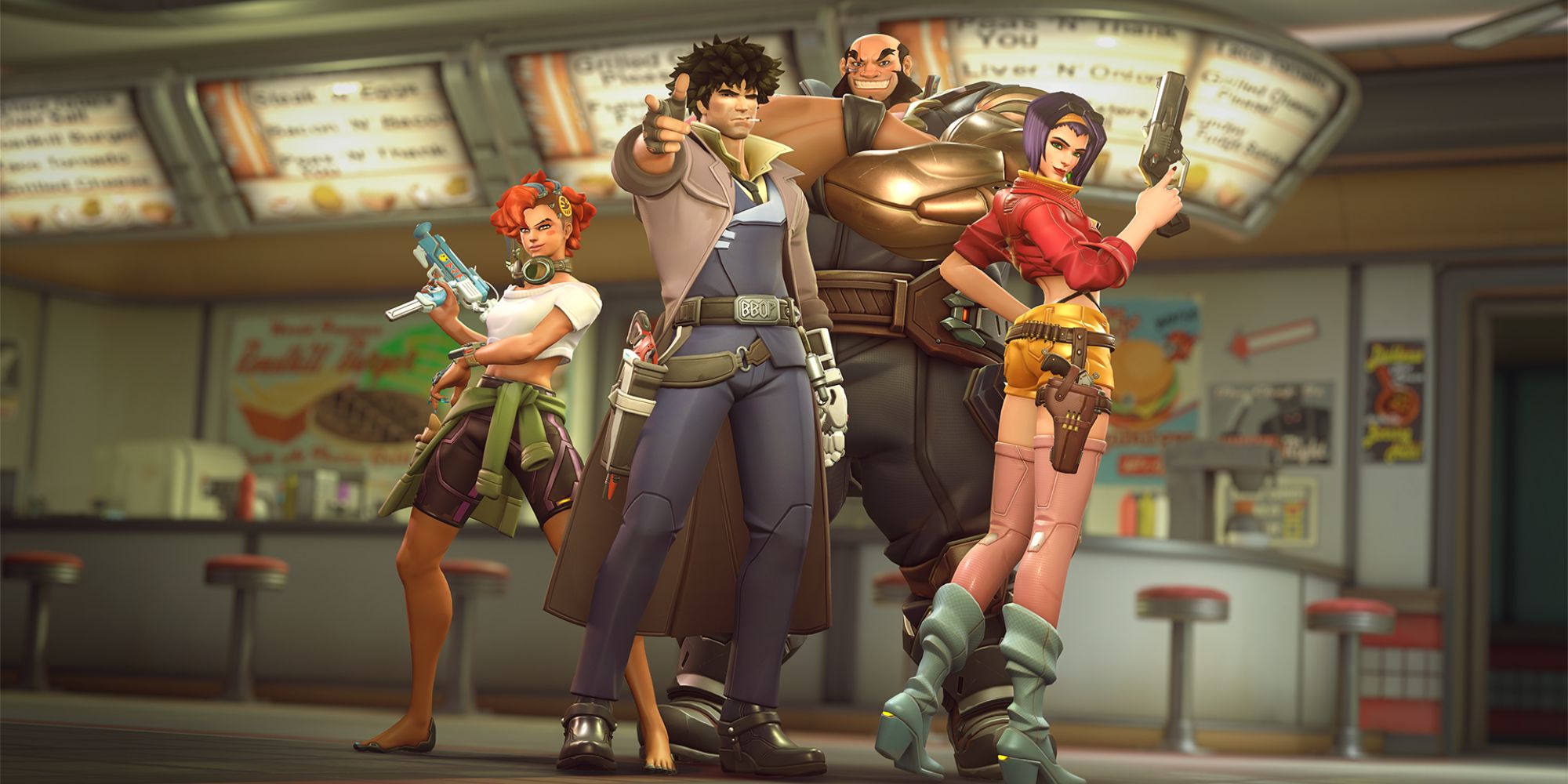 An image from Overwatch 2 of the Cowboy Bebop Event. This photo showcases Cassidy, Sombra, Ashe, and Mauga in their Cowboy Bebop skins.