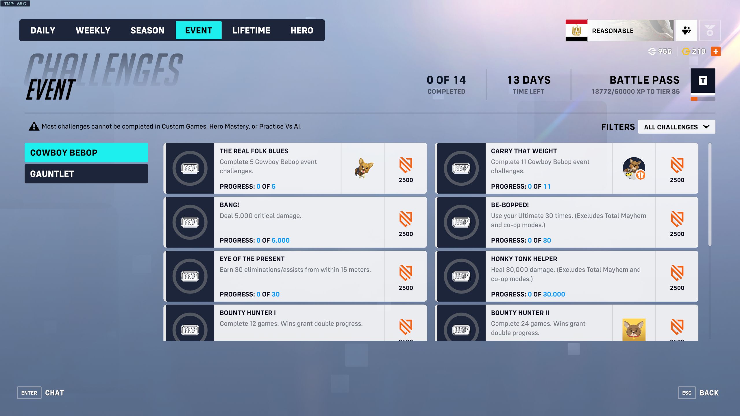 An image from Overwatch 2 of the Cowboy Bebop Event Challenges, which unlock XP and cosmetic rewards.