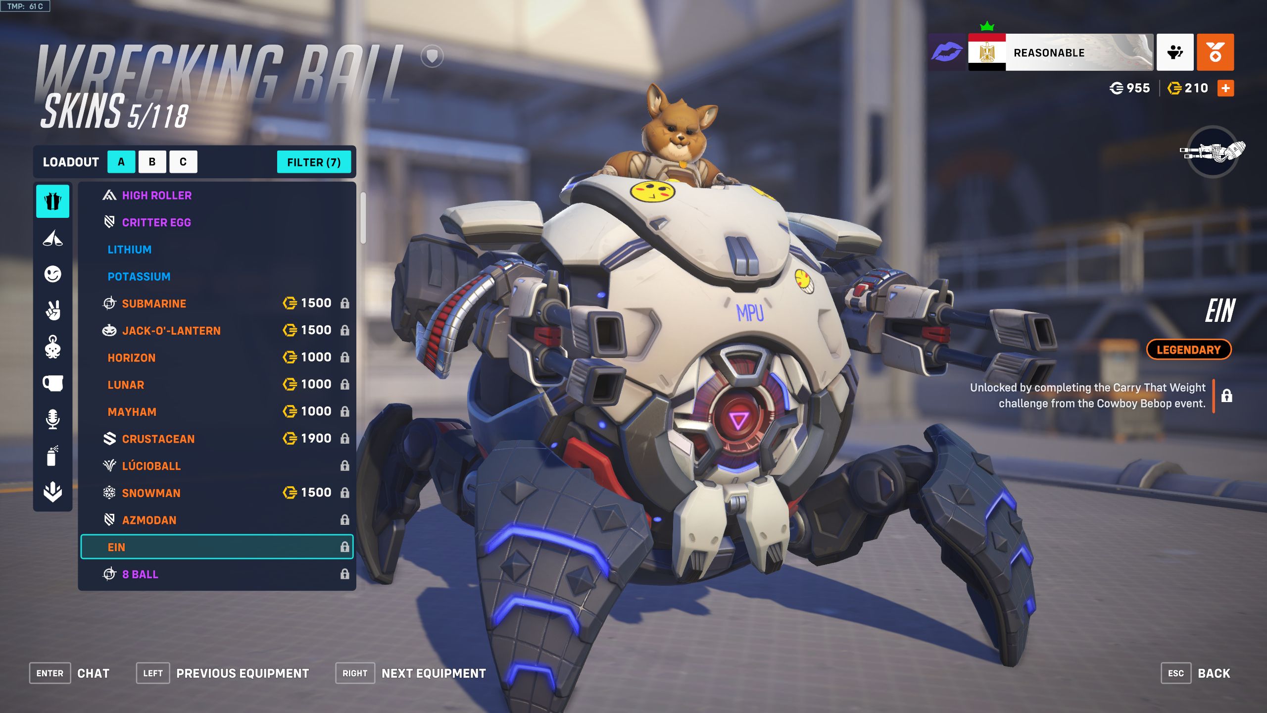 An image from Overwatch 2 of the Wrecking Ball Ein Skin, which turns Wrecking Ball into a Corgi from the show.