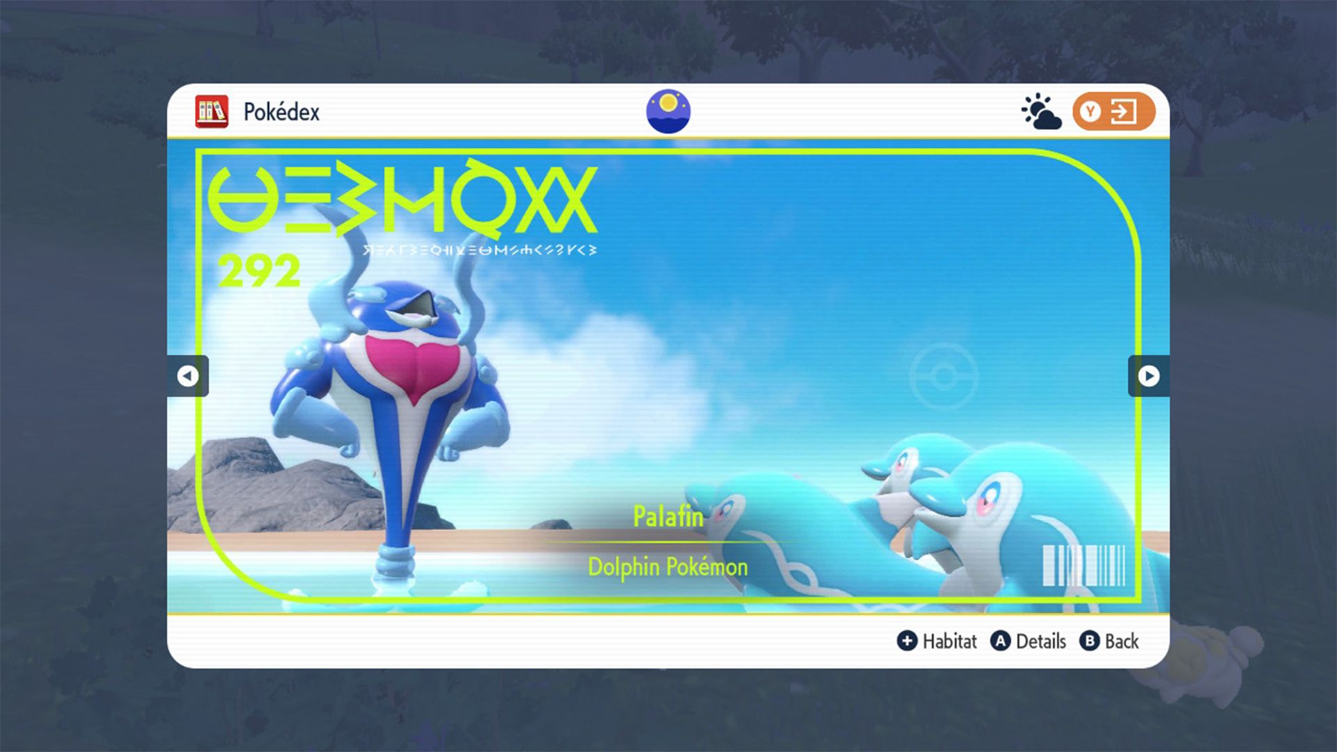 palafin&rsquo;s pokedex entry page with palafin heroically posing for two finizen