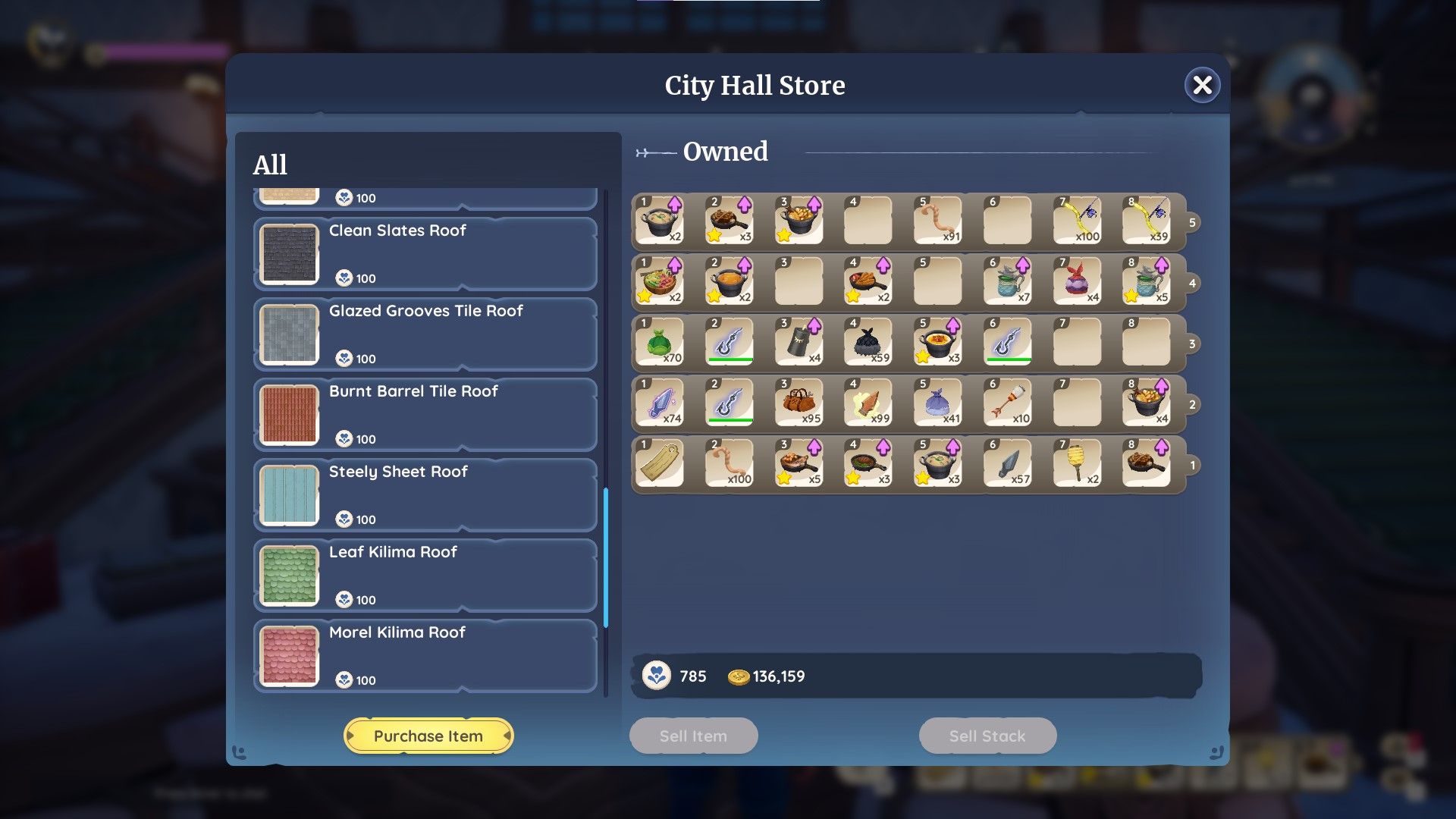 Palia menu for the City Hall showing items that can be purchased using renown points.
