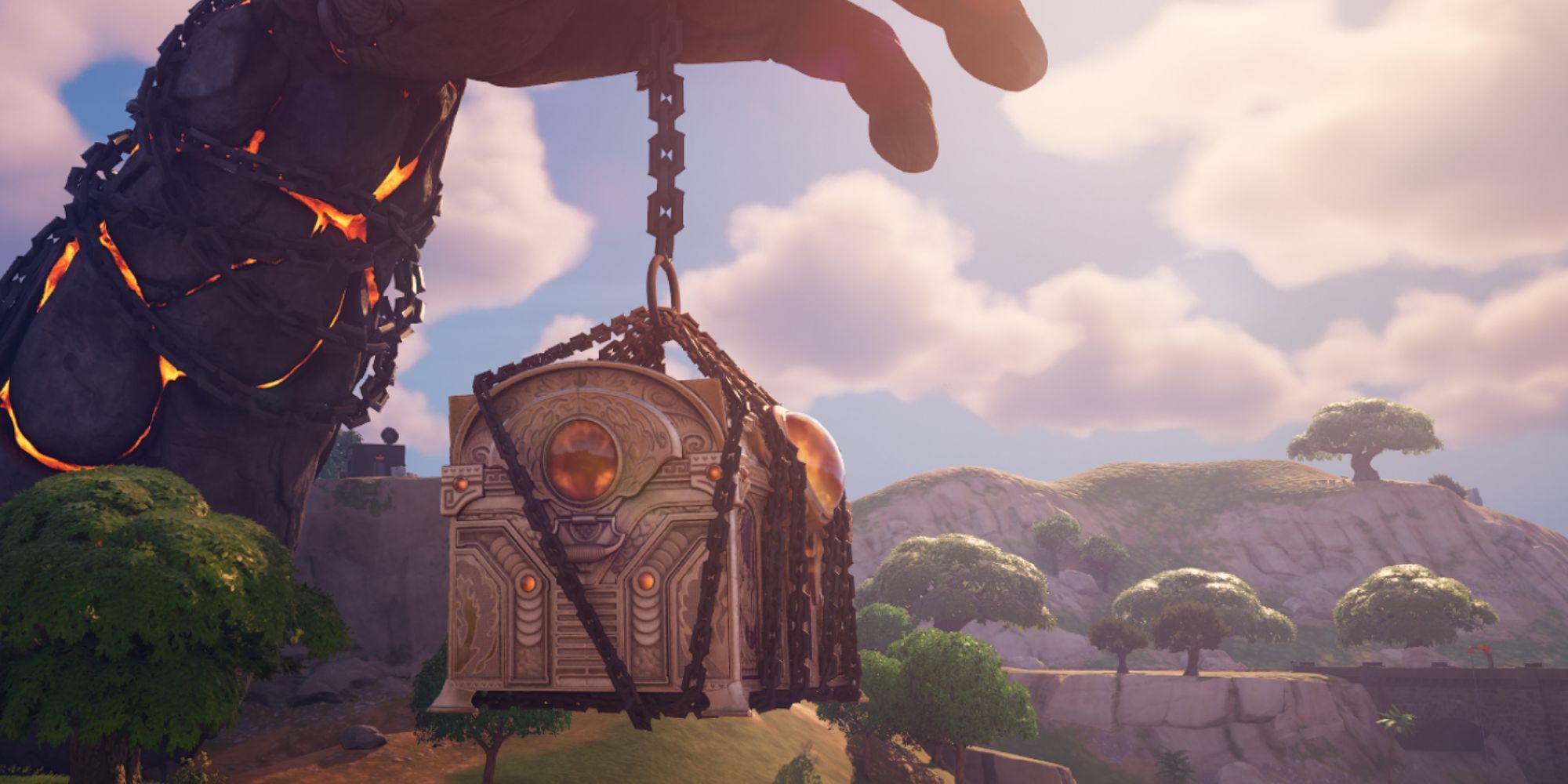 Pandora's Box in Fortnite, being held up by chains attatched to a stone hand