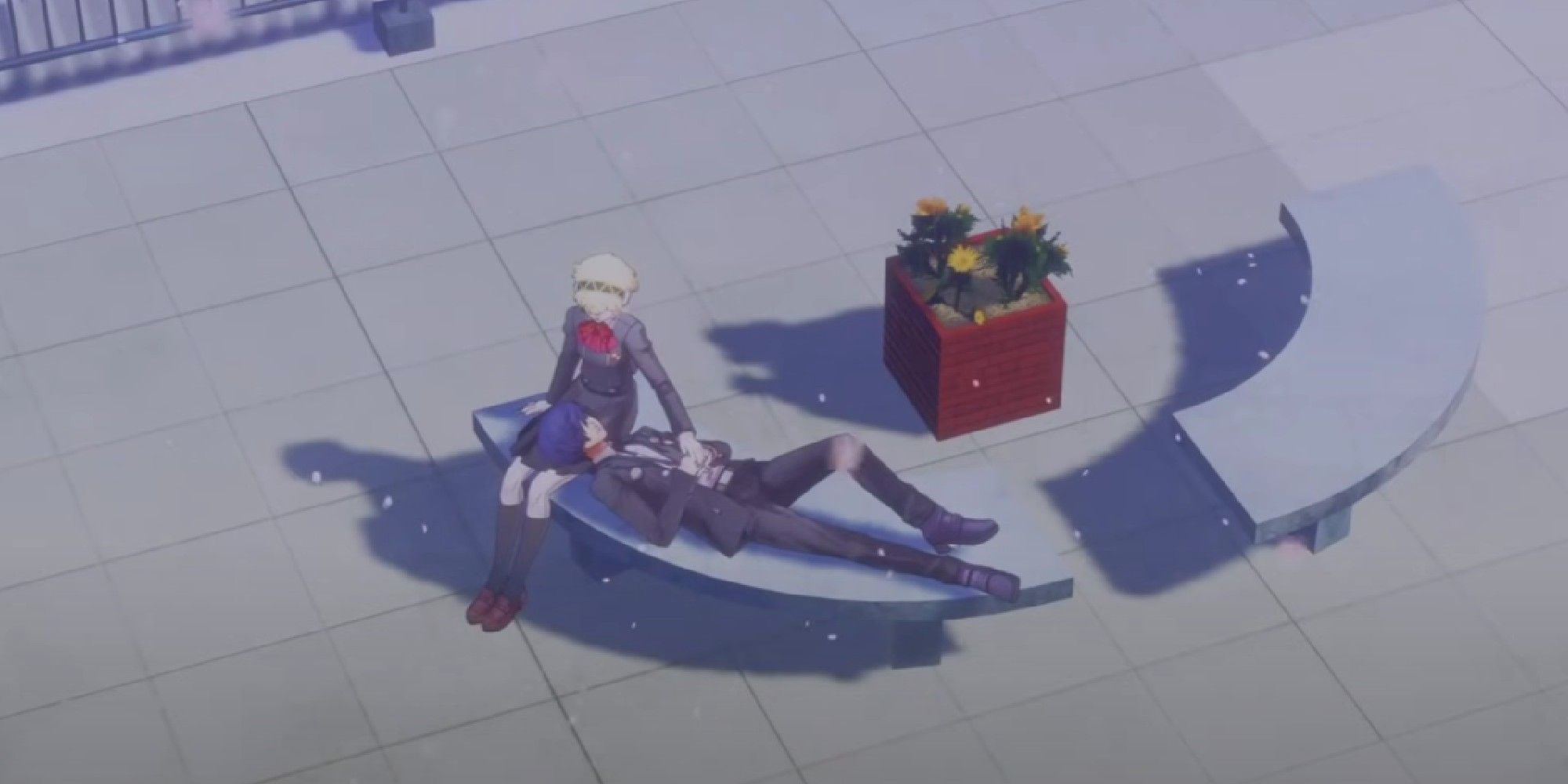 Persona 3 protagonist asleep on Aigis lap