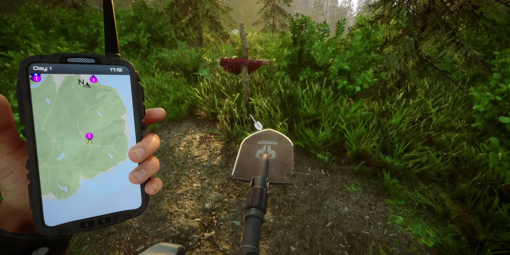 Phone with GPS equipped standing next to cross grave from Sons of the Forest