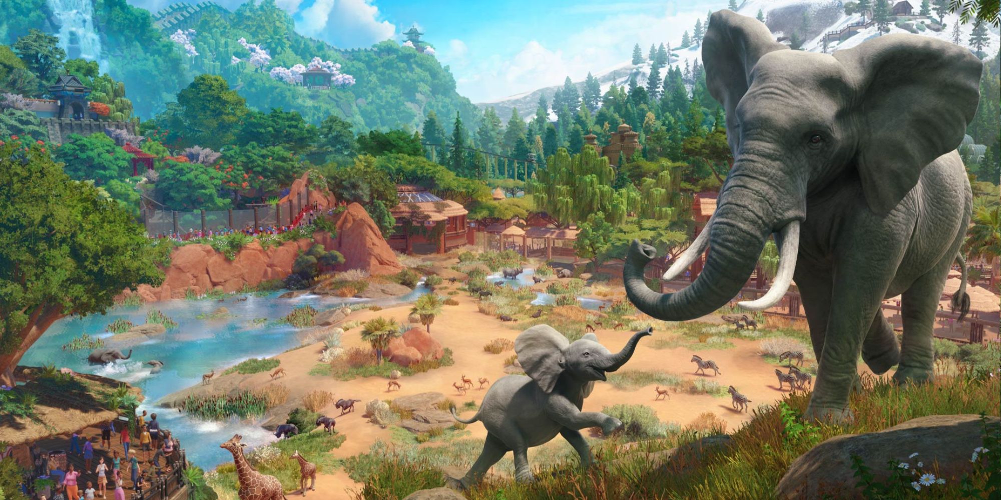 Planet Zoo Console Edition Official Artwork of two elephants against a background of a zoo