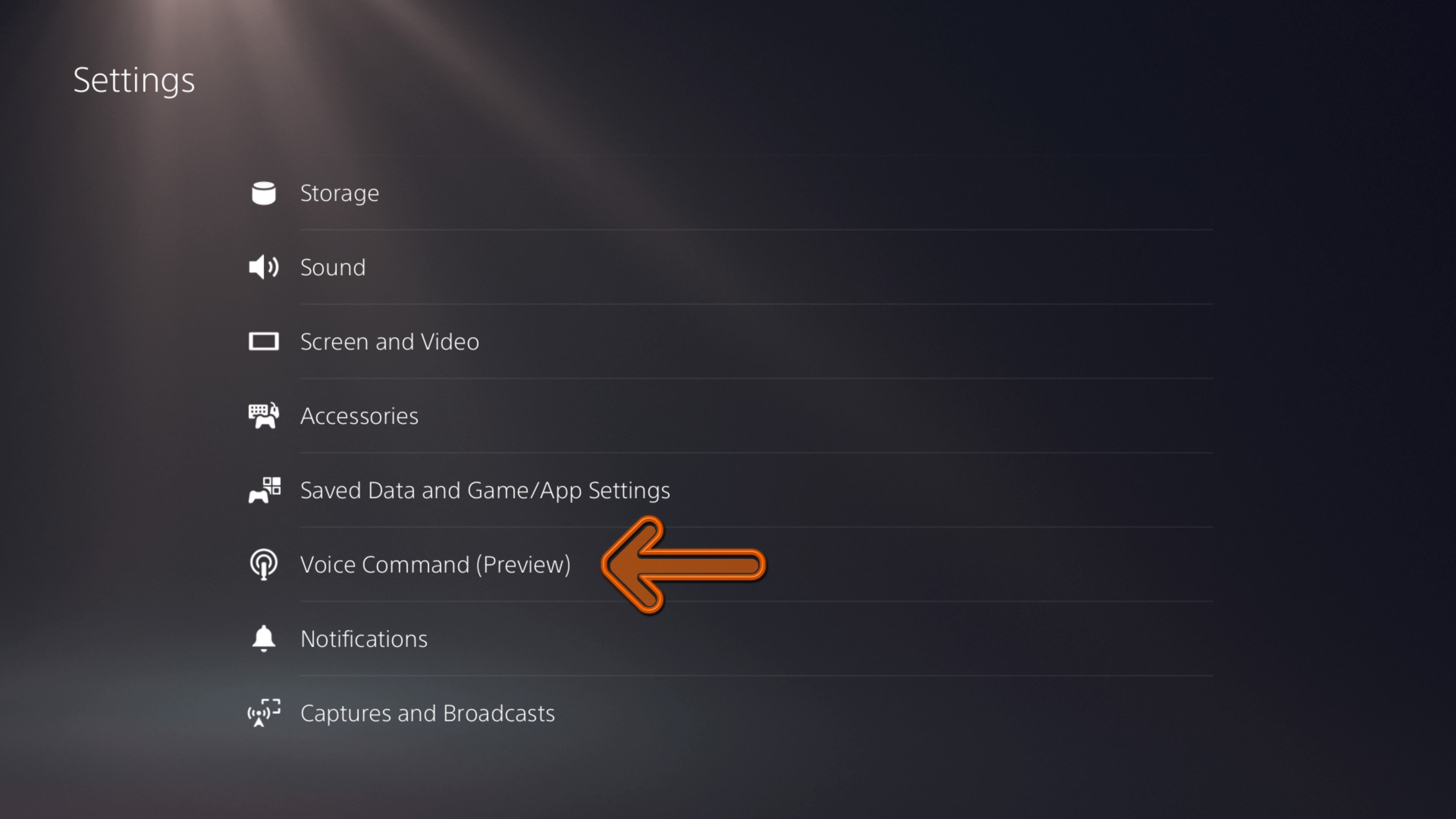 The PlayStation 5 main settings screen with emphasis on Voice Command (Preview)