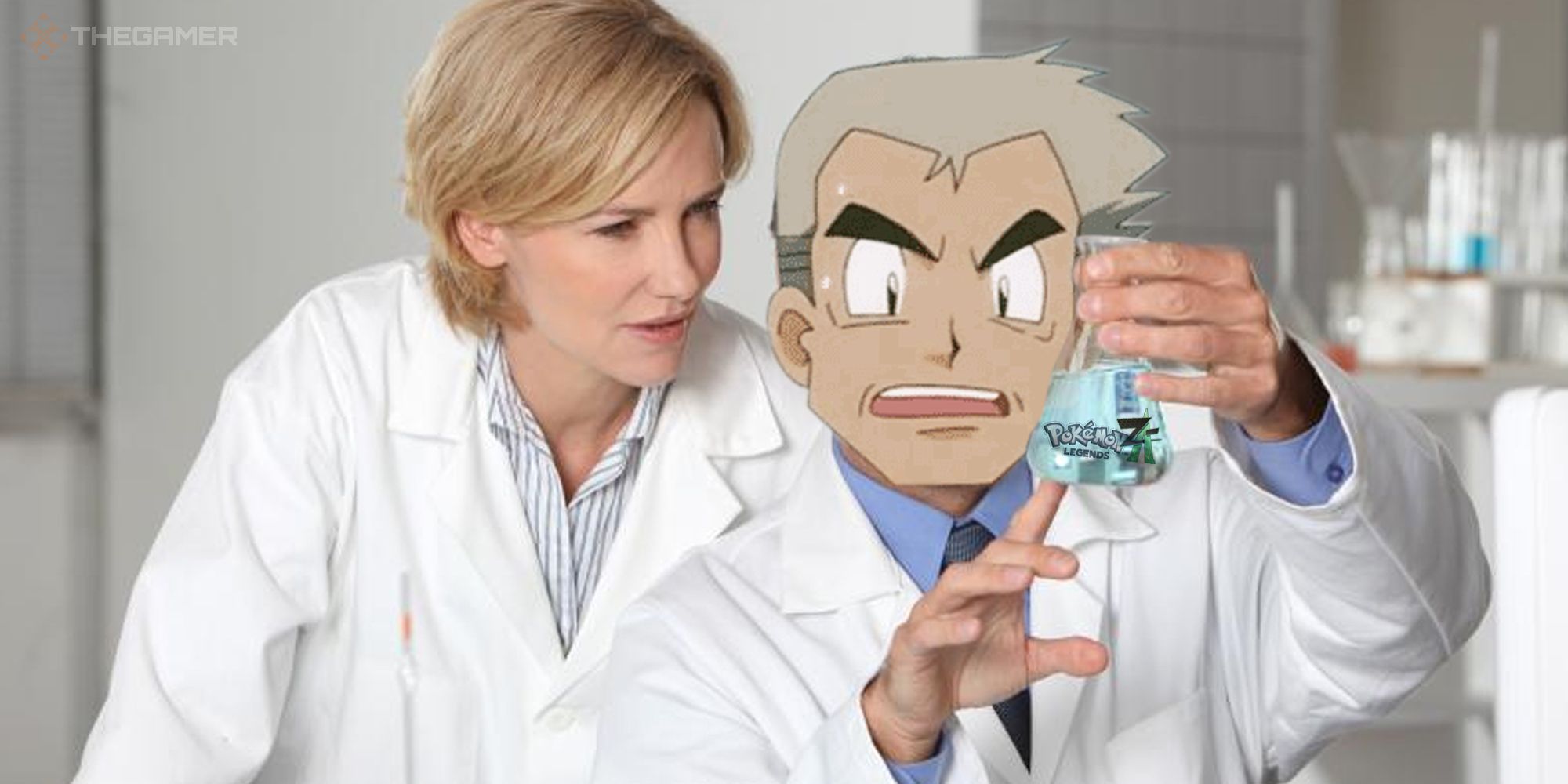 Professor Oak in the lab with a blonde woman behind him in a lab coat, watching as he cooks up Pokemon Legends Z-A in a beaker