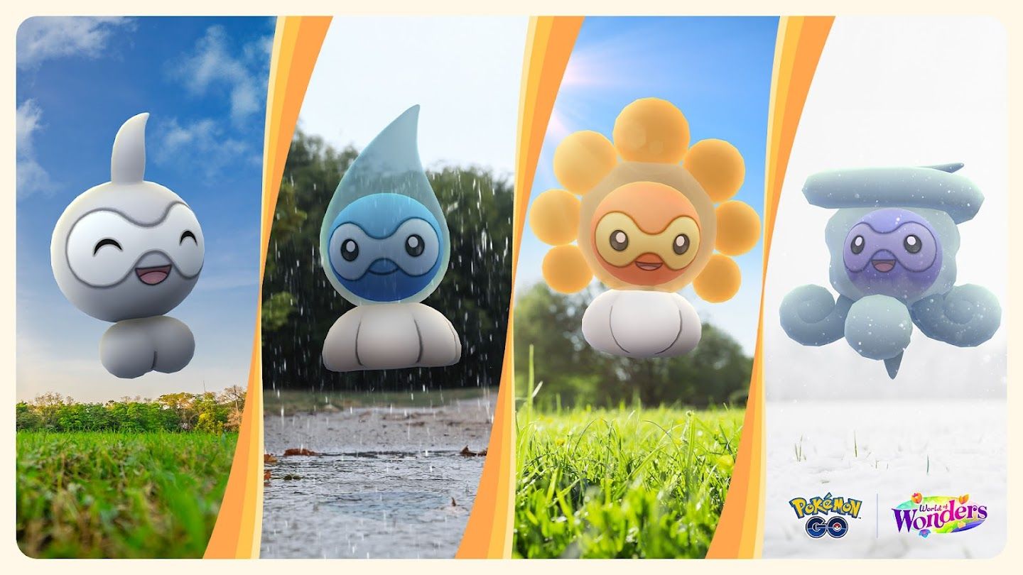 Split image of Normal Form Castform, Rainy Form Castform, Sunny Form Castform, and Snowy Form Castform