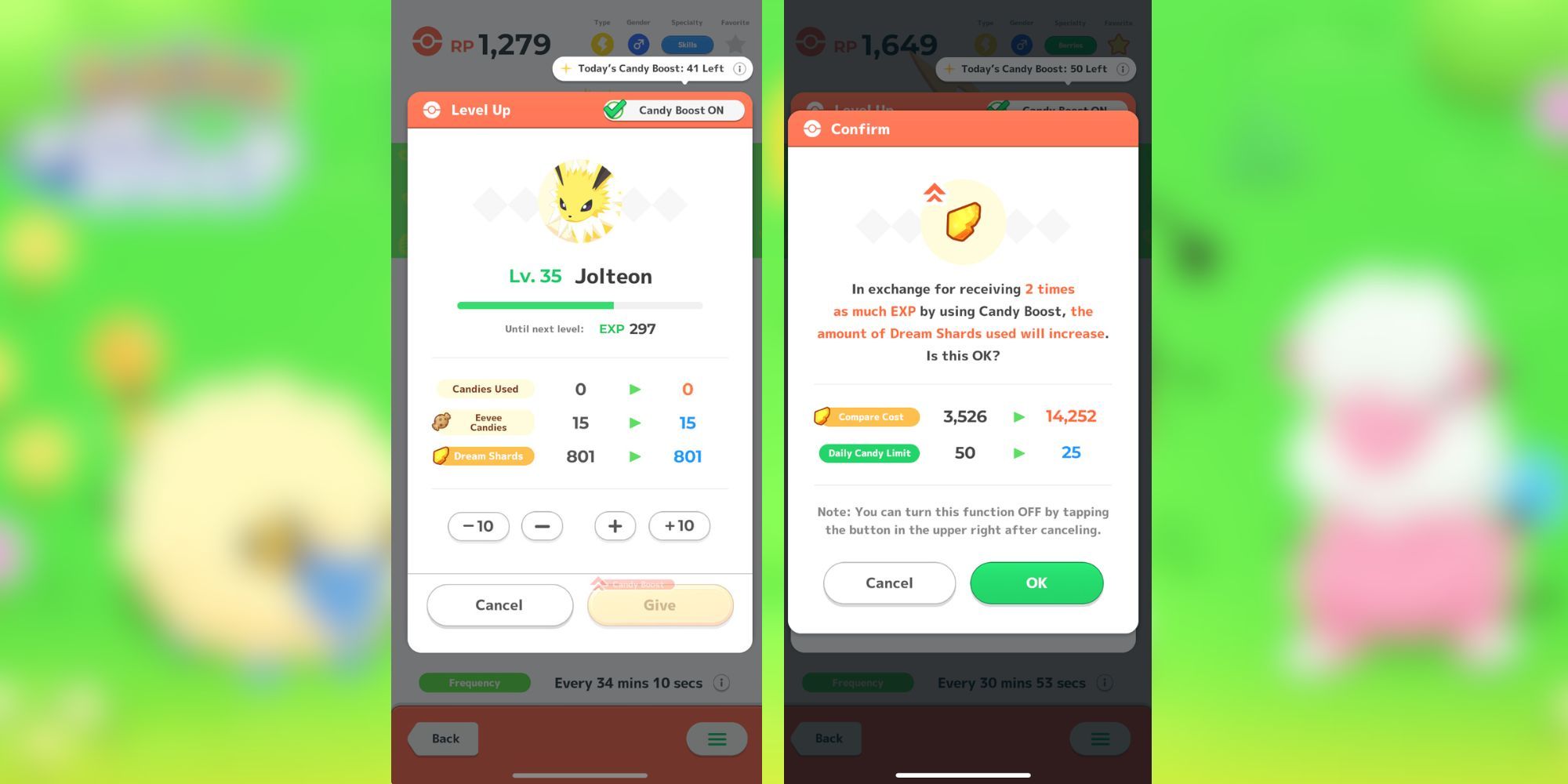 Two screenshots of Pokemon Sleep showingg the Level Up screen for Jolteon with the Candy Boost On and the confirmation screen