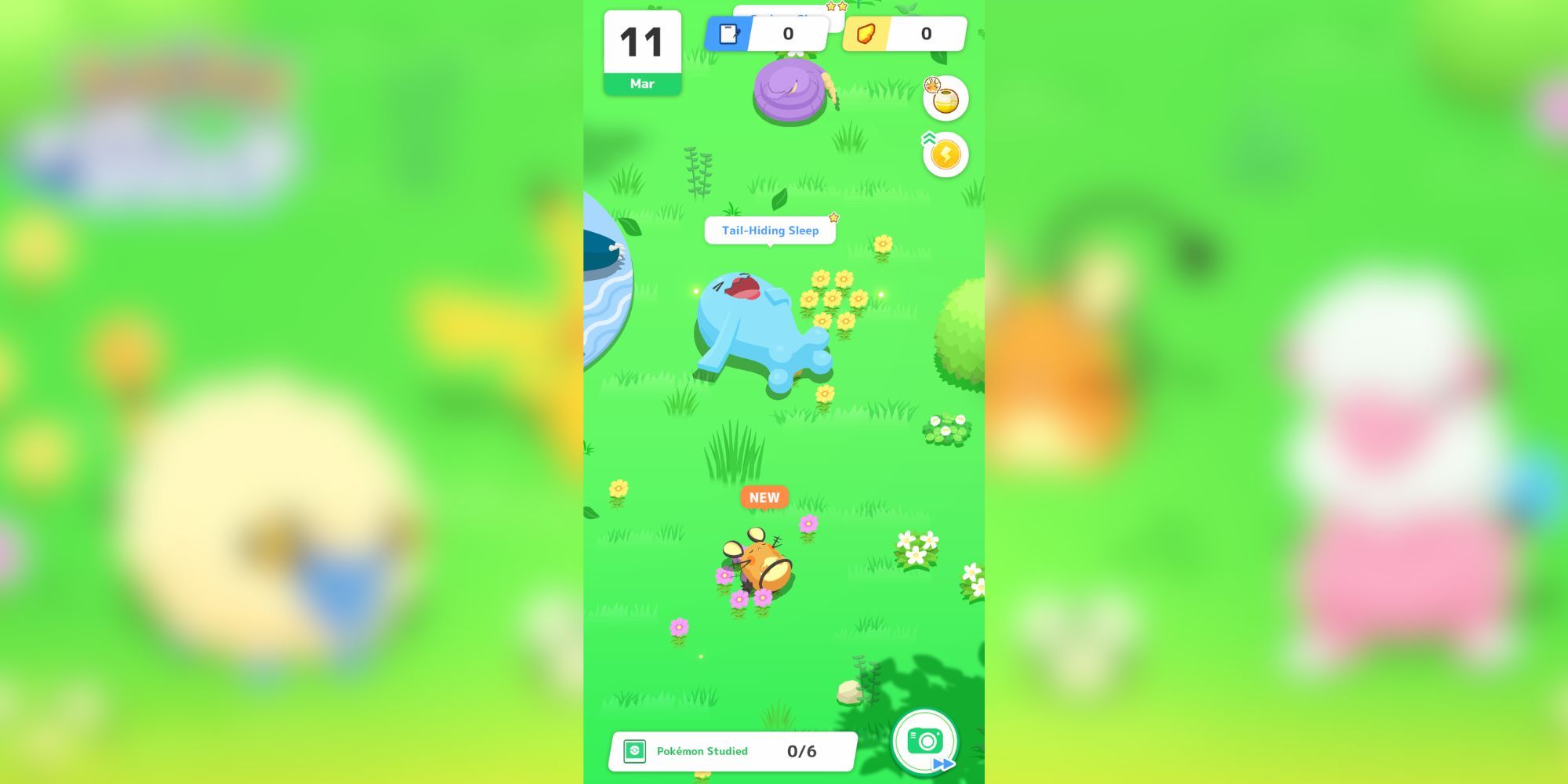 A screenshot of a sleep session in Pokemon Sleep showing a Dedenne, a Wobuffet, and an ekans
