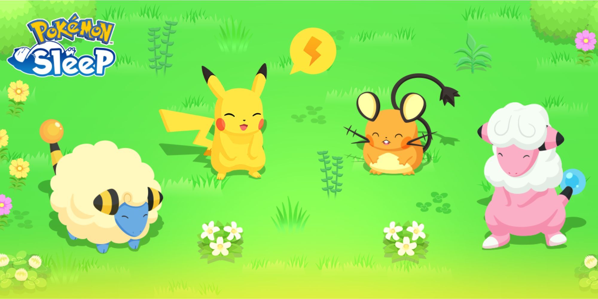 Pokemon Sleep art showing a Mareep, Pikachu, Dedenne, and Flaaffy
