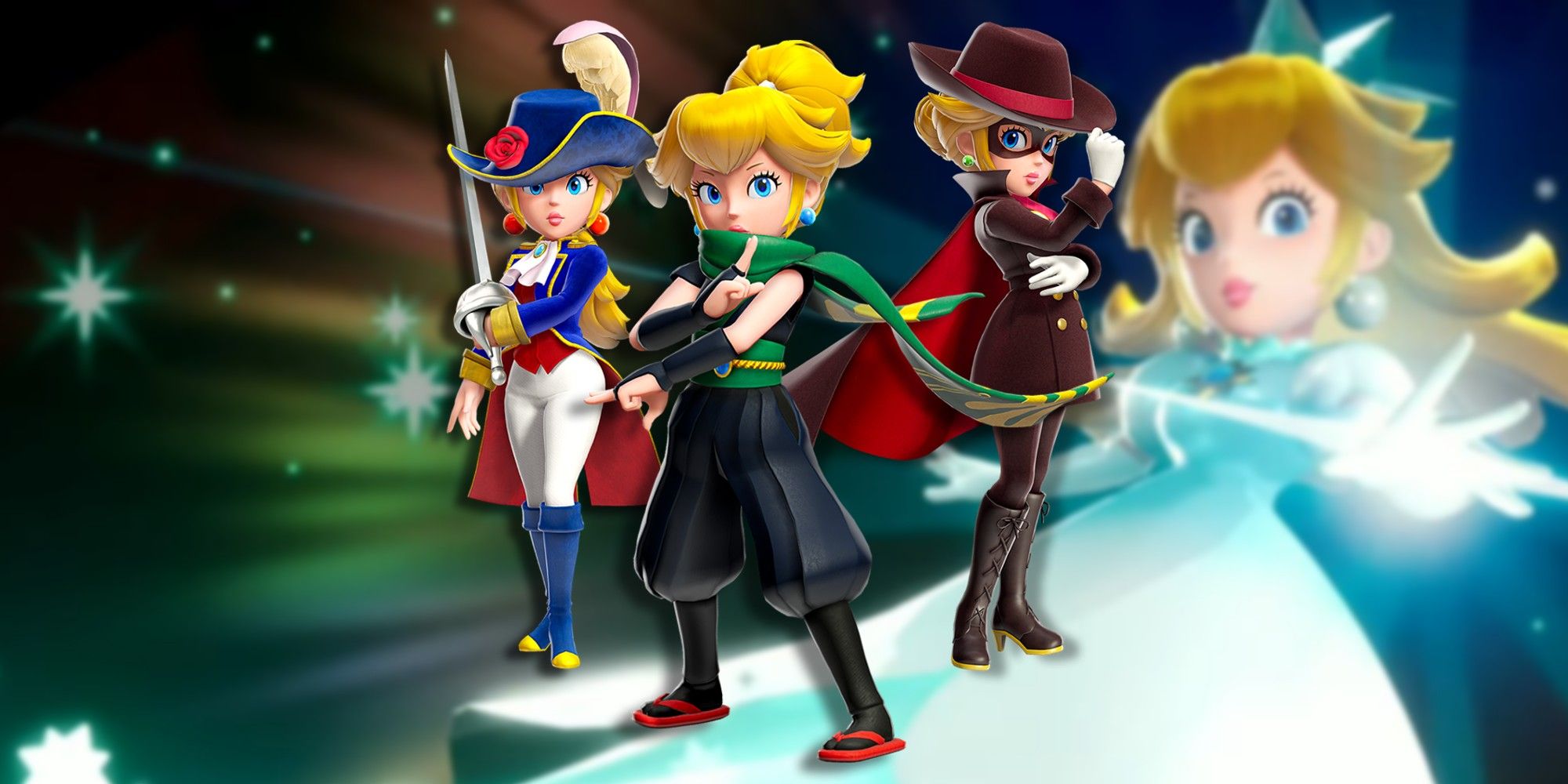 Princes Peach wearing different outfits from her Showtime game