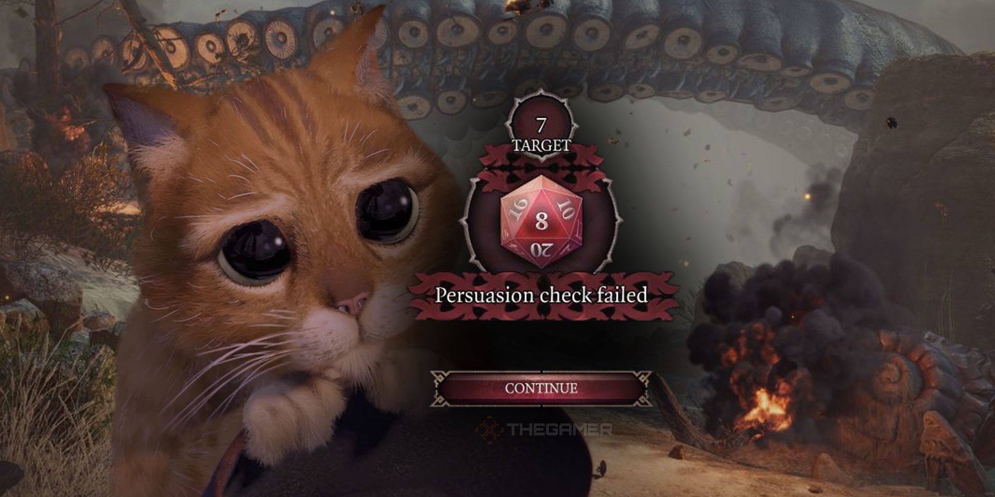 Puss in Boots doing the wide eyes look at the Nautiloid Crash in Baldurs Gate 3 with a failed persuasion check over the top