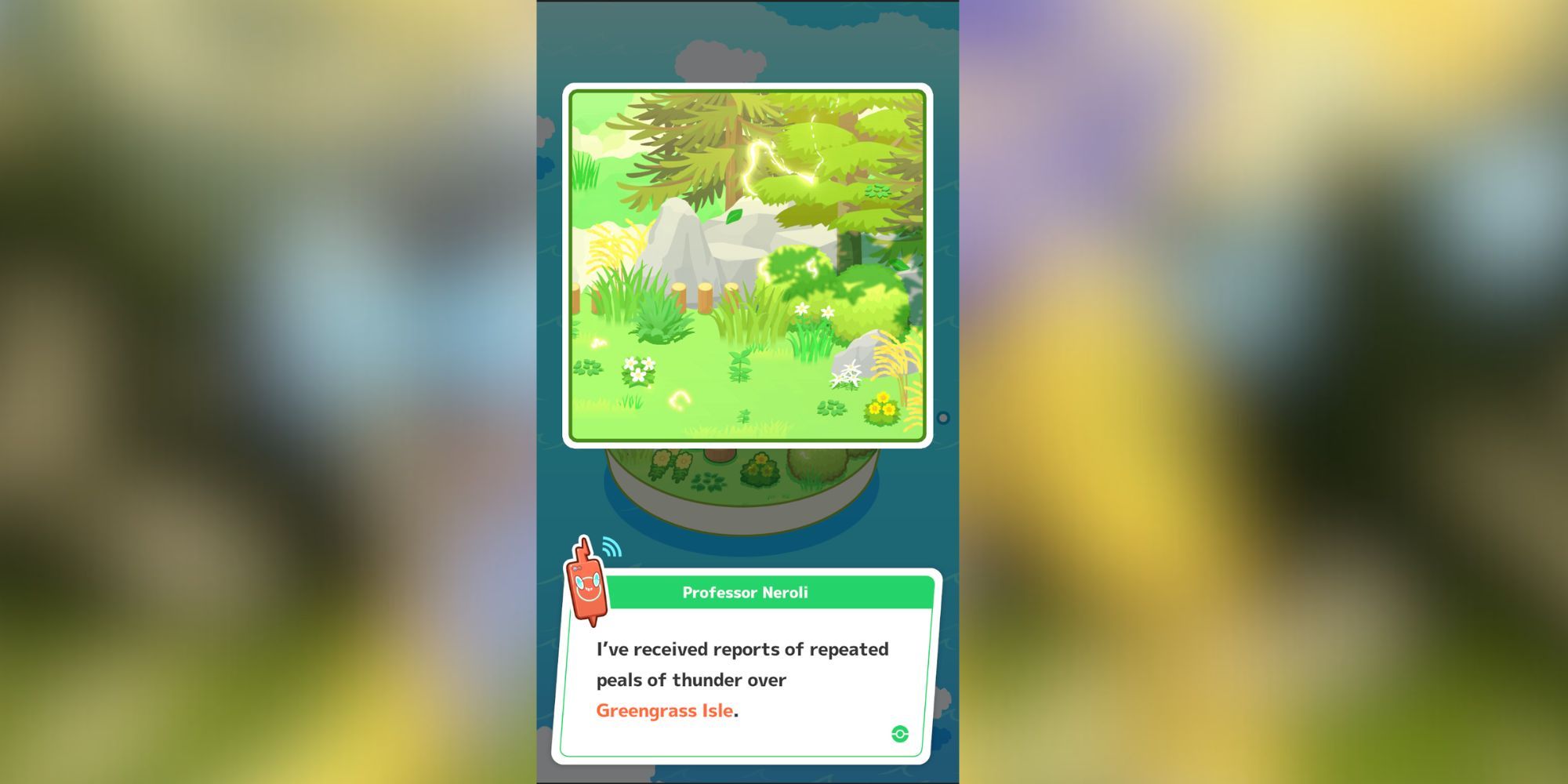 A screenshot of Pokemon Sleep with Professor Neroli describing peals of thunder on Greengrass Isle