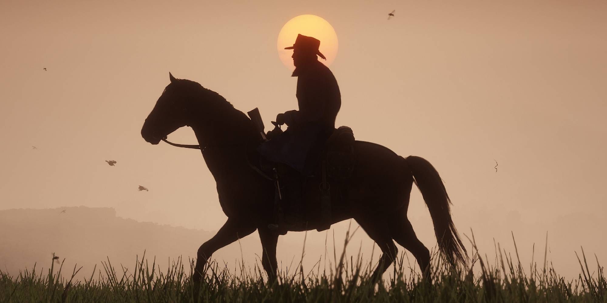 Arthur Morgan from Red Dead Redemption 2 riding on a horse