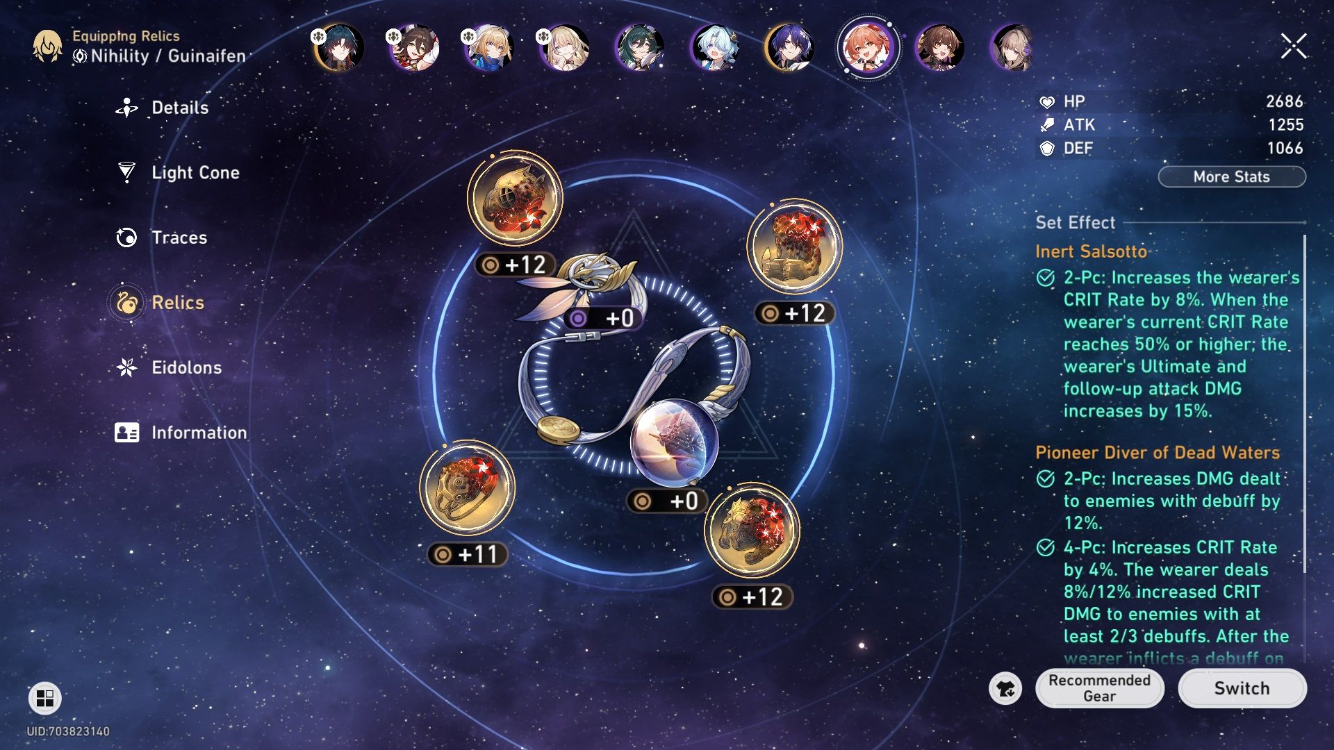The Relics character menu in Honkai Star Rail.