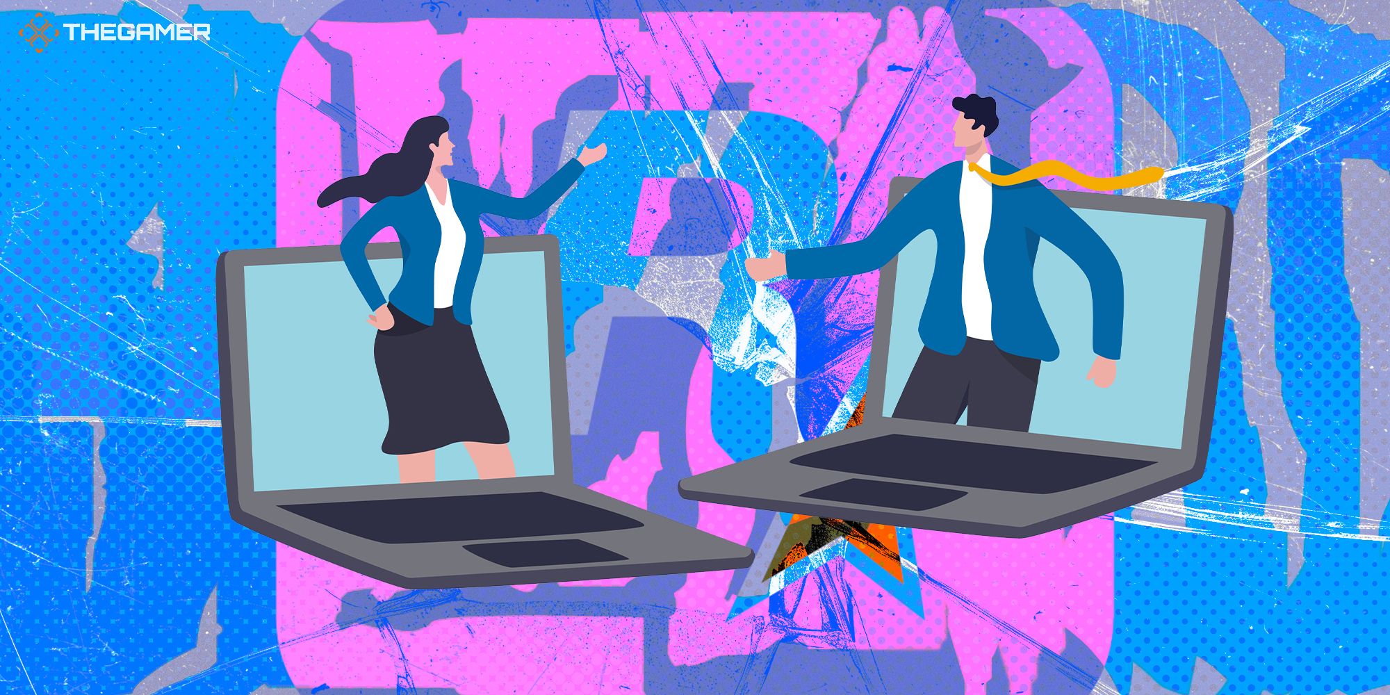 The background of the image is a distressed, pink and blue version of Rockstar Games' logo. Two illustrated people inside laptop screens in business attire talk to each other.