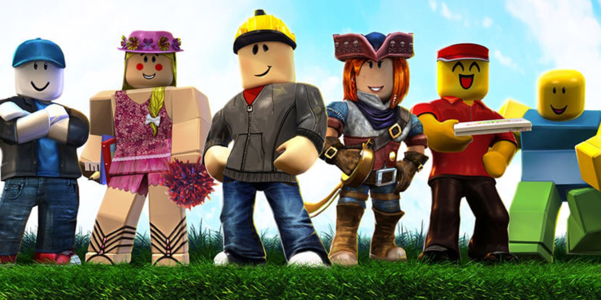 a group of official roblox avatars includign a cheerleader, a construction worker, a pirate, and a pizza deliveryperson