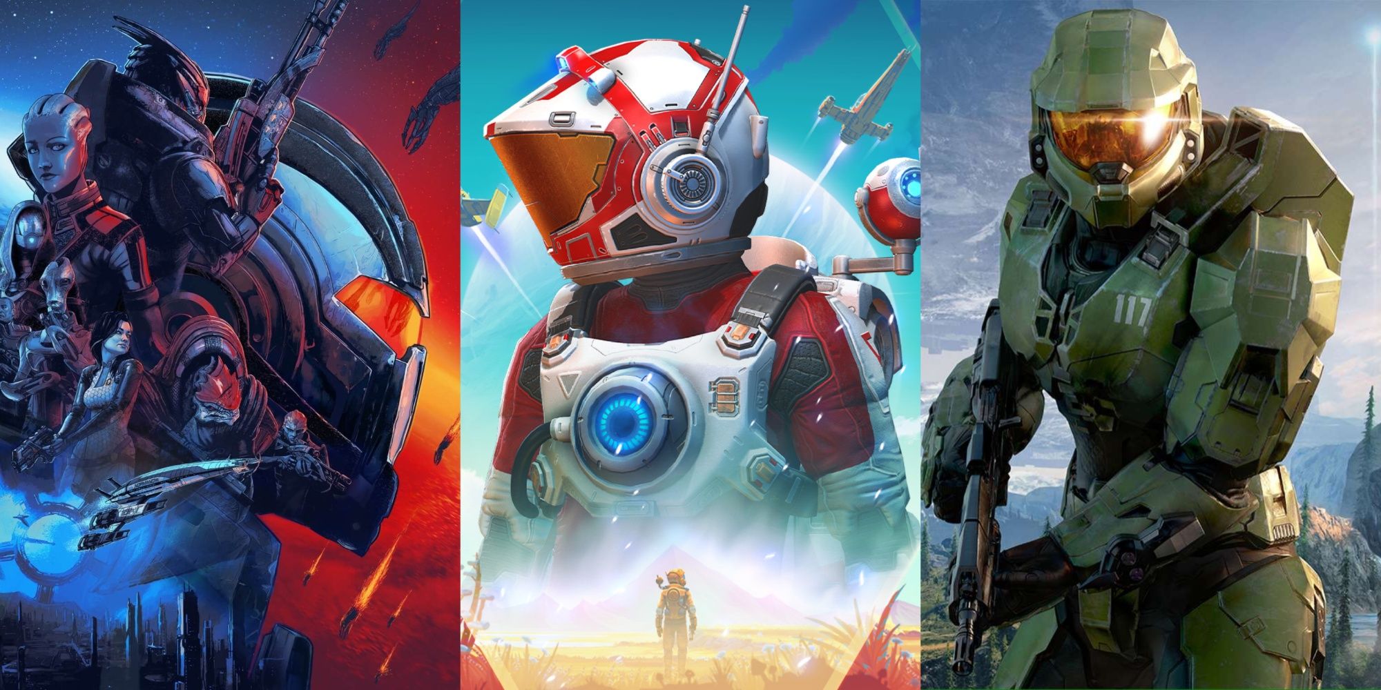 Posters for Mass Effect Legendary Edition, No Man's Sky, and Halo Infinite