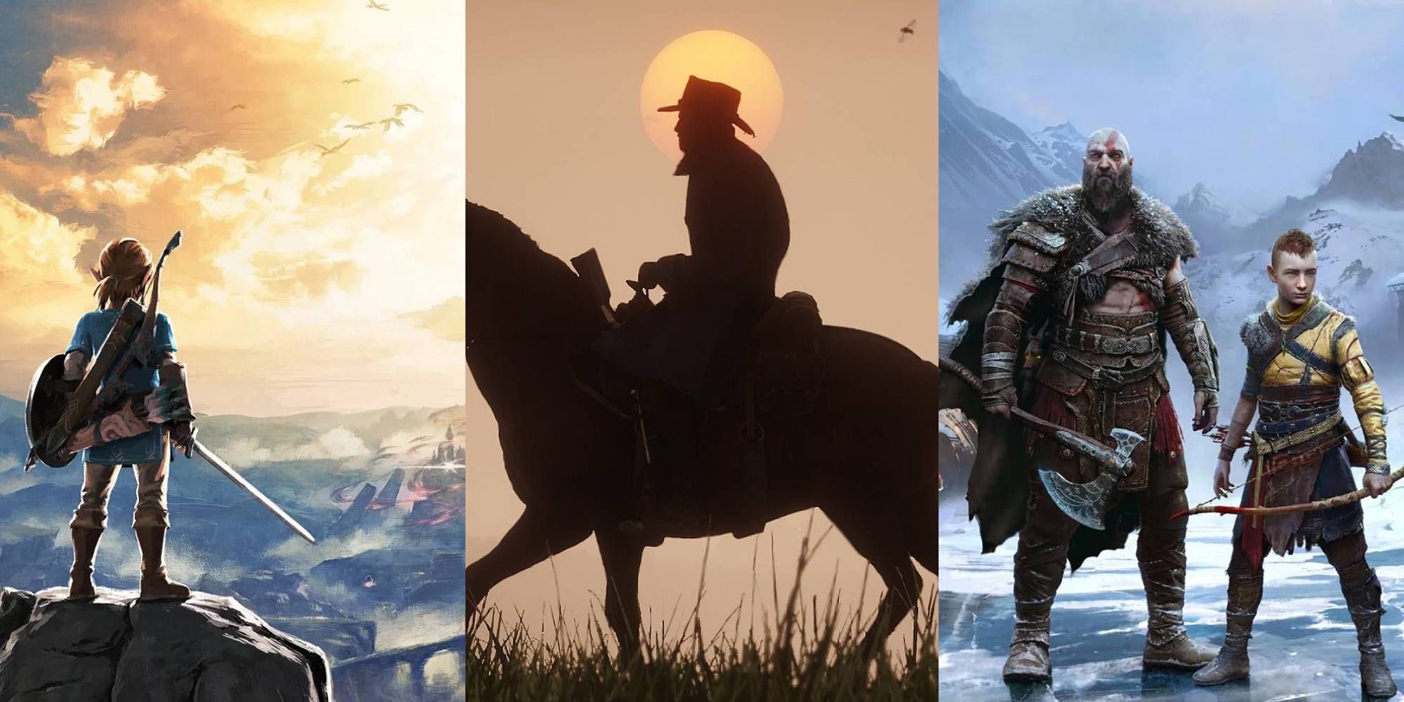 A collage of images featuring Link from Legend Of Zelda, Arthur from Red Dead Redemption 2 and Kratos/Atreus of God Of War